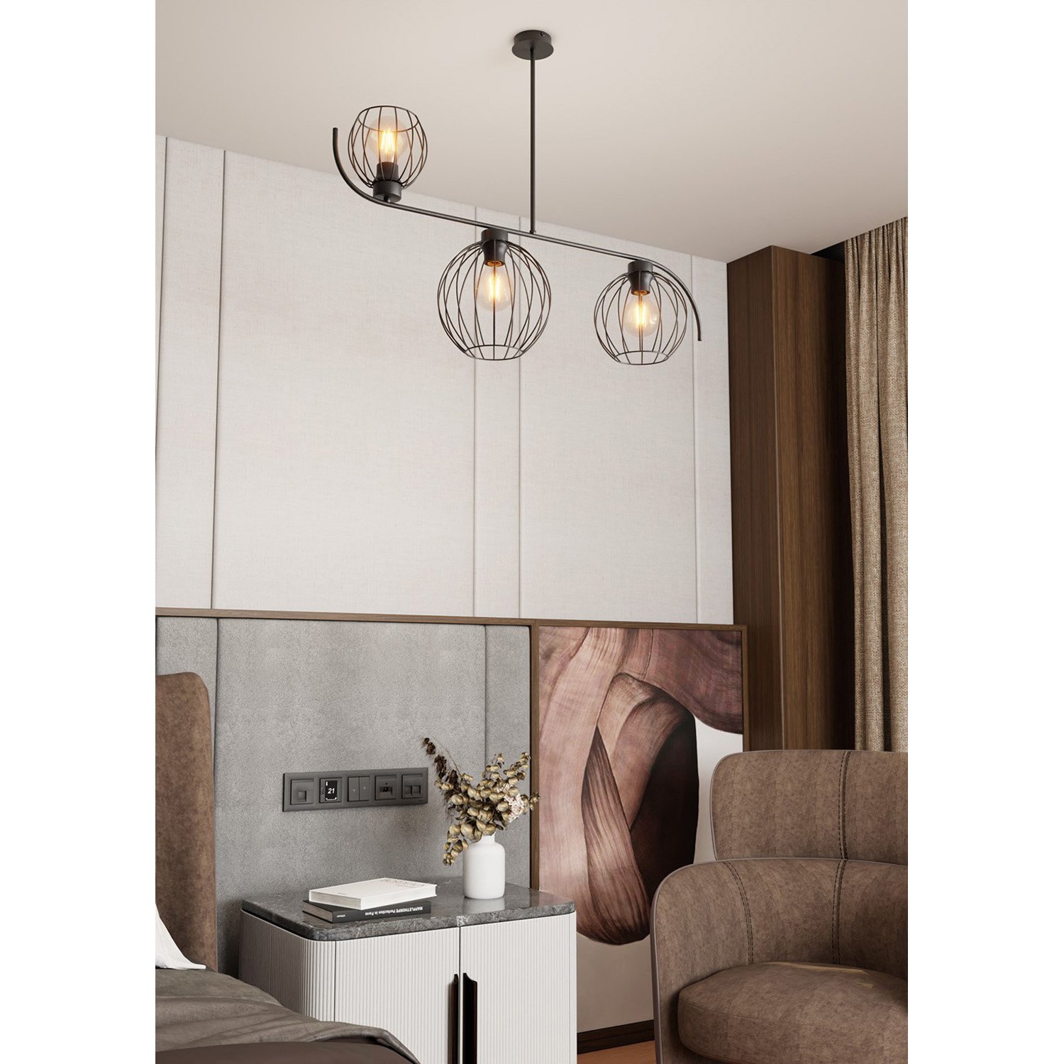 Lampadario Industrial 3 Luci Shamash In Acciaio Nero Paralumi A Gabbia 1385/3