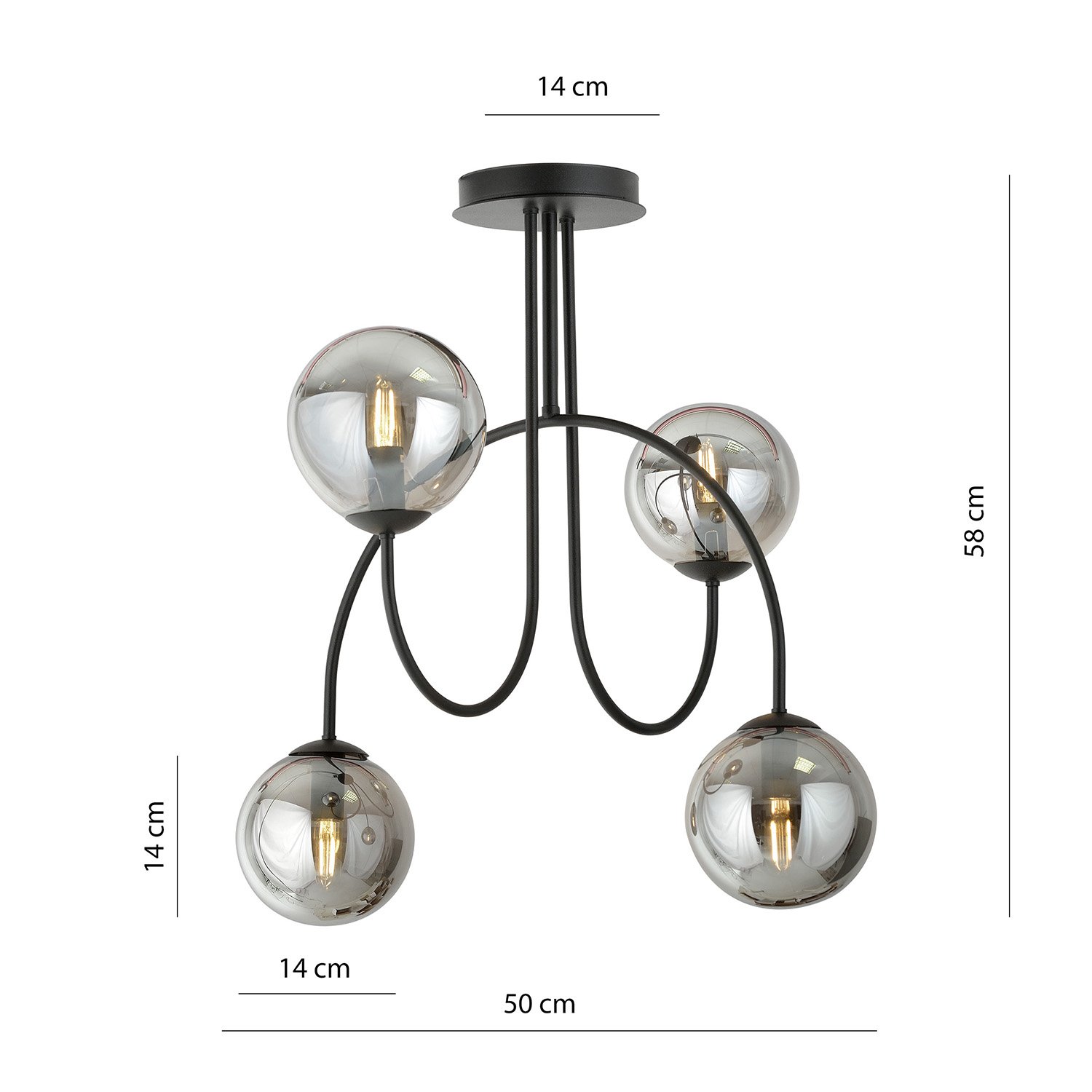 Plafoniera Moderna Sharada 4 Luci In Acciaio Nero E Vetro Fumè 50 Cm 1287/4A