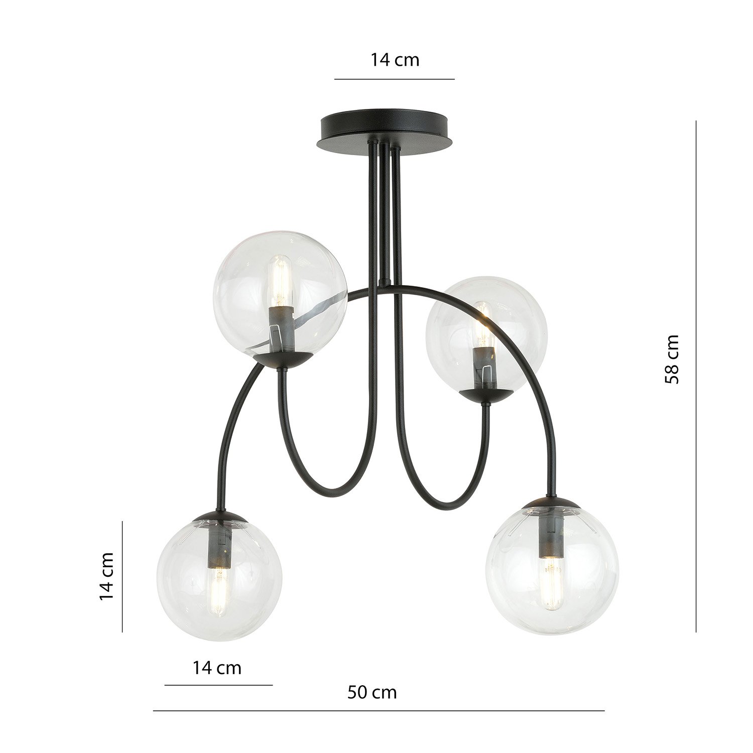 Plafoniera Moderna Sharada 4 Luci Acciaio Nero E Vetro Trasparente 50 Cm 1286/4A