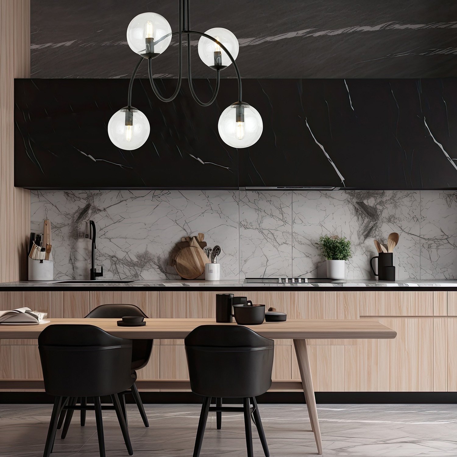 Plafoniera Moderna Sharada 4 Luci Acciaio Nero E Vetro Trasparente 50 Cm 1286/4A