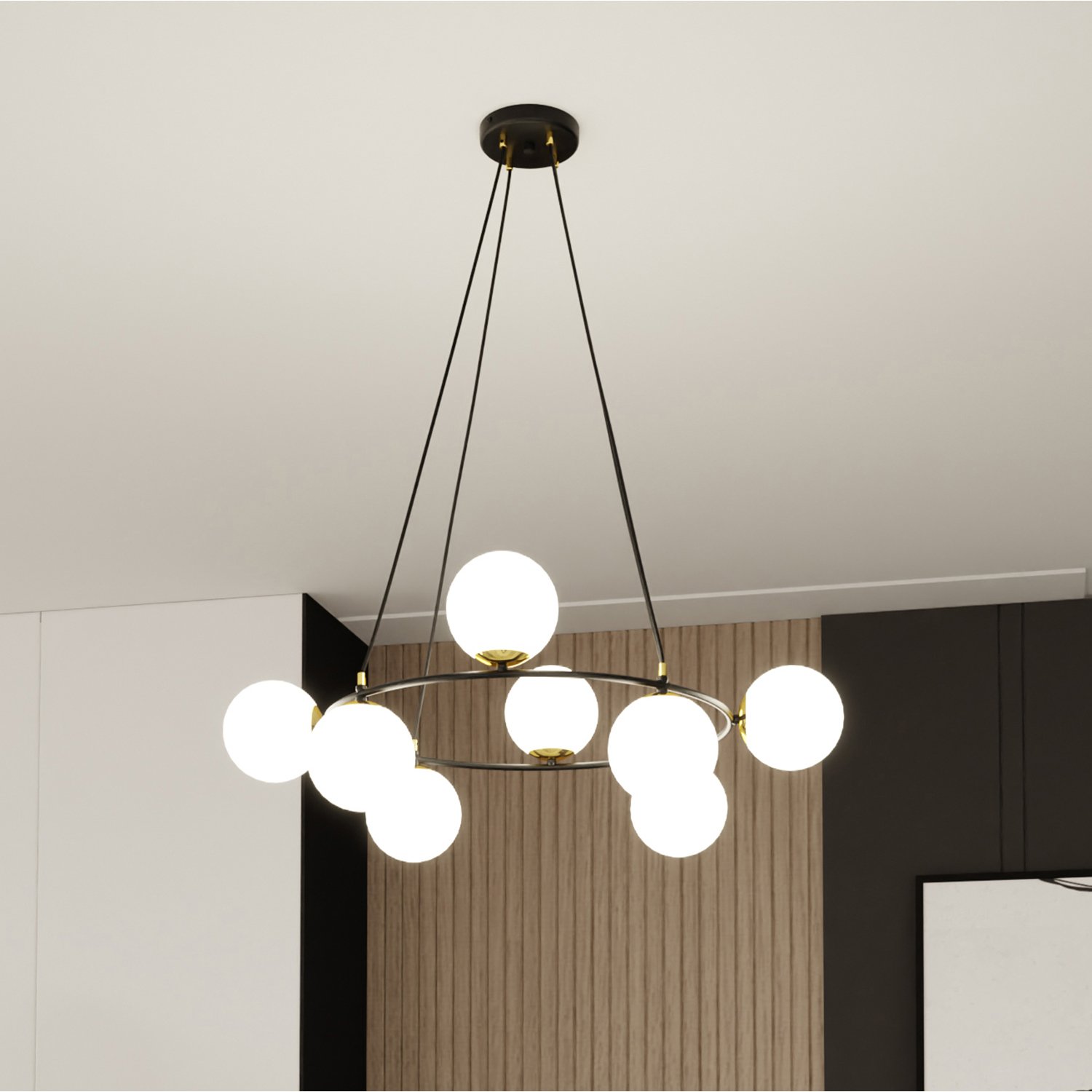 Lampadario Minimal Tsukiyomi Acciaio Nero Oro 7 Luci E14 1295/8