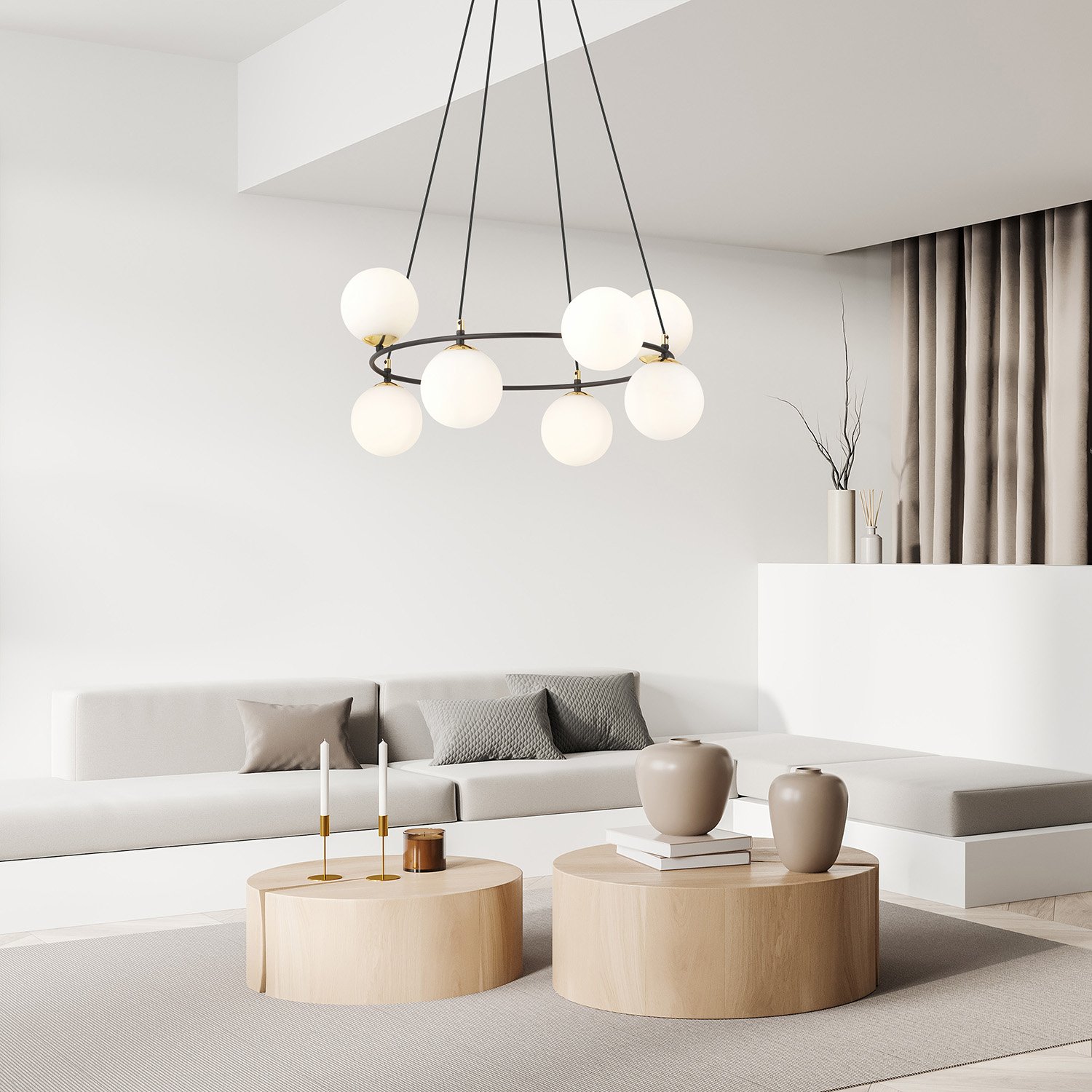 Lampadario Minimal Tsukiyomi Acciaio Nero Oro 7 Luci E14 1295/8