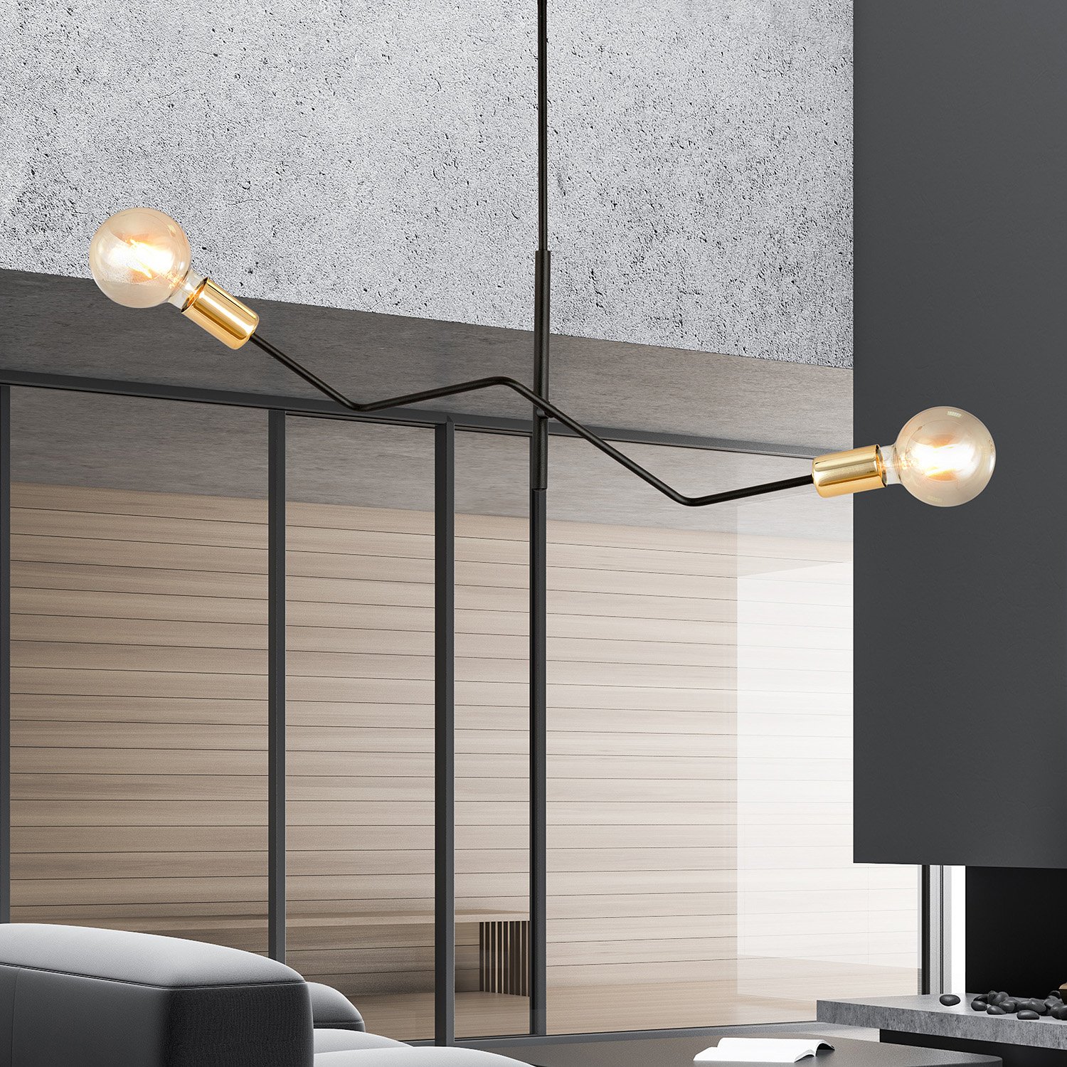 Sospensione Industrial 2 Luci Sugu Acciaio Nero E Oro Bracci Regolabili 1125/2