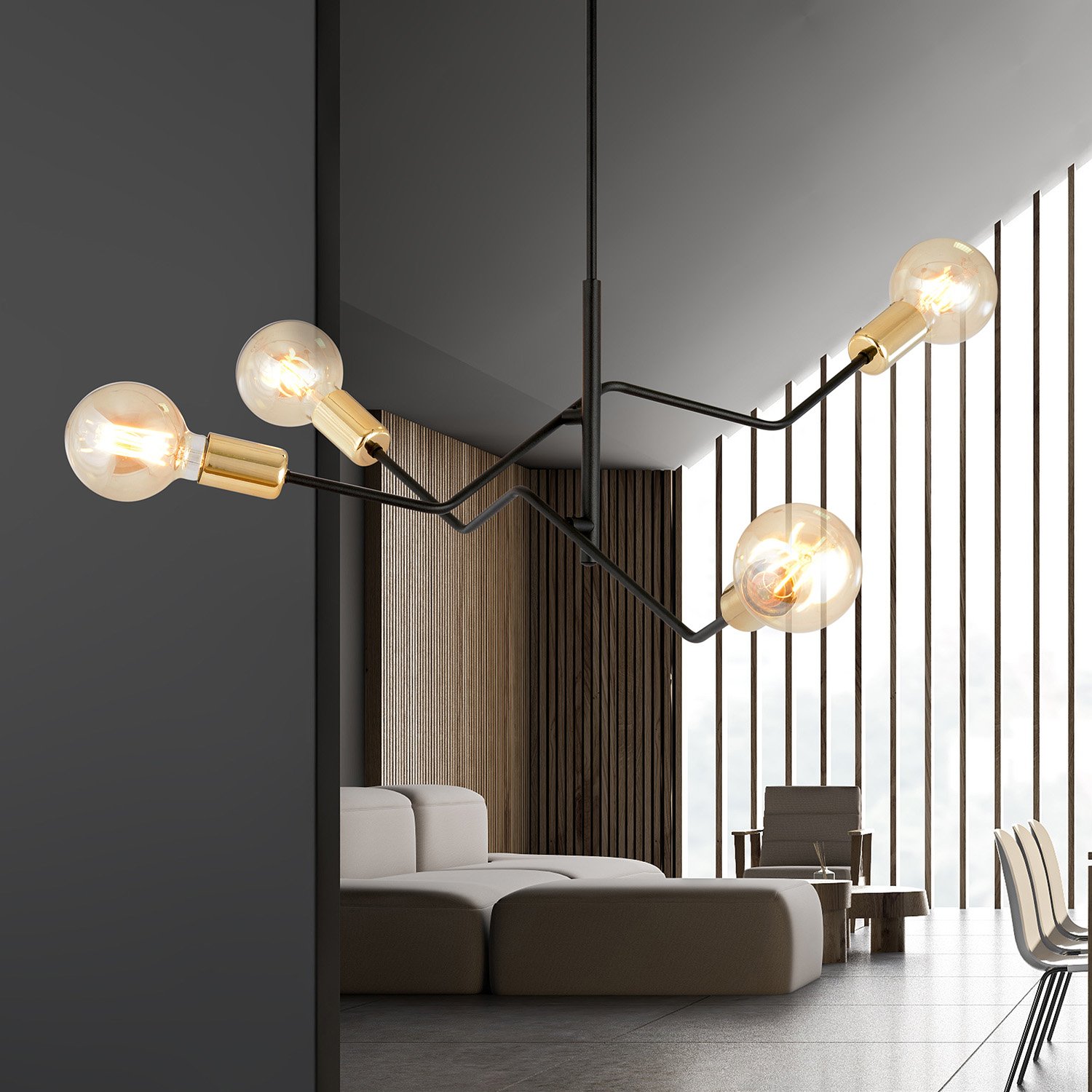 Sospensione Industrial 4 Luci Sugu Acciaio Nero E Oro Bracci Regolabili 1125/4