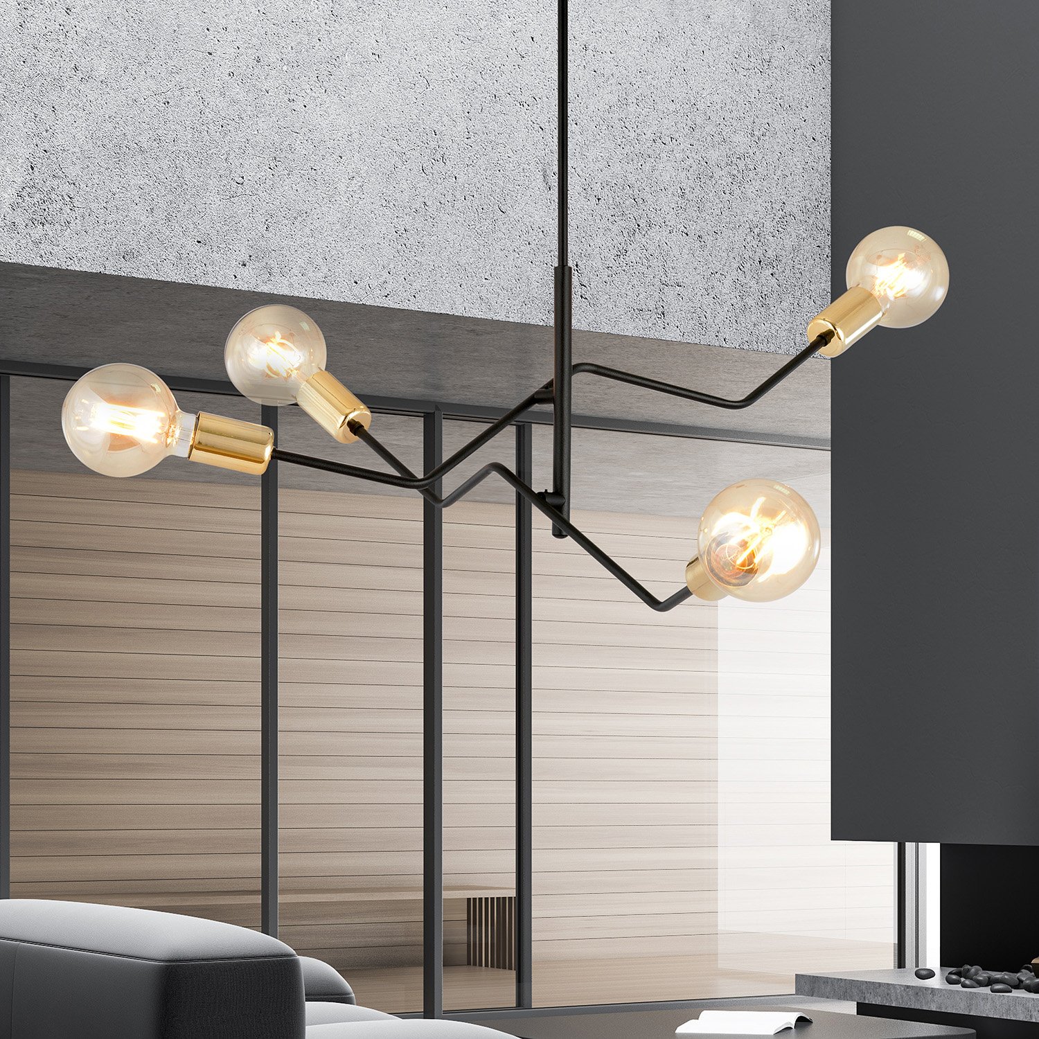 Sospensione Industrial 4 Luci Sugu Acciaio Nero E Oro Bracci Regolabili 1125/4