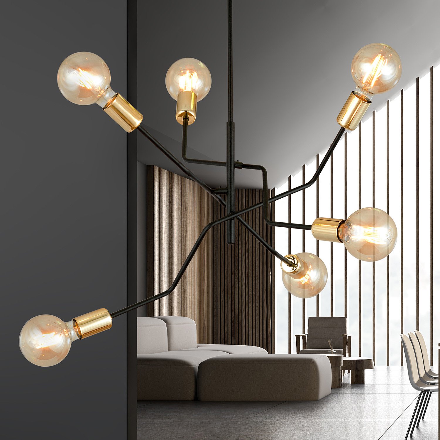 Sospensione Industrial 6 Luci Sugu Acciaio Nero E Oro Bracci Regolabili 1125/6