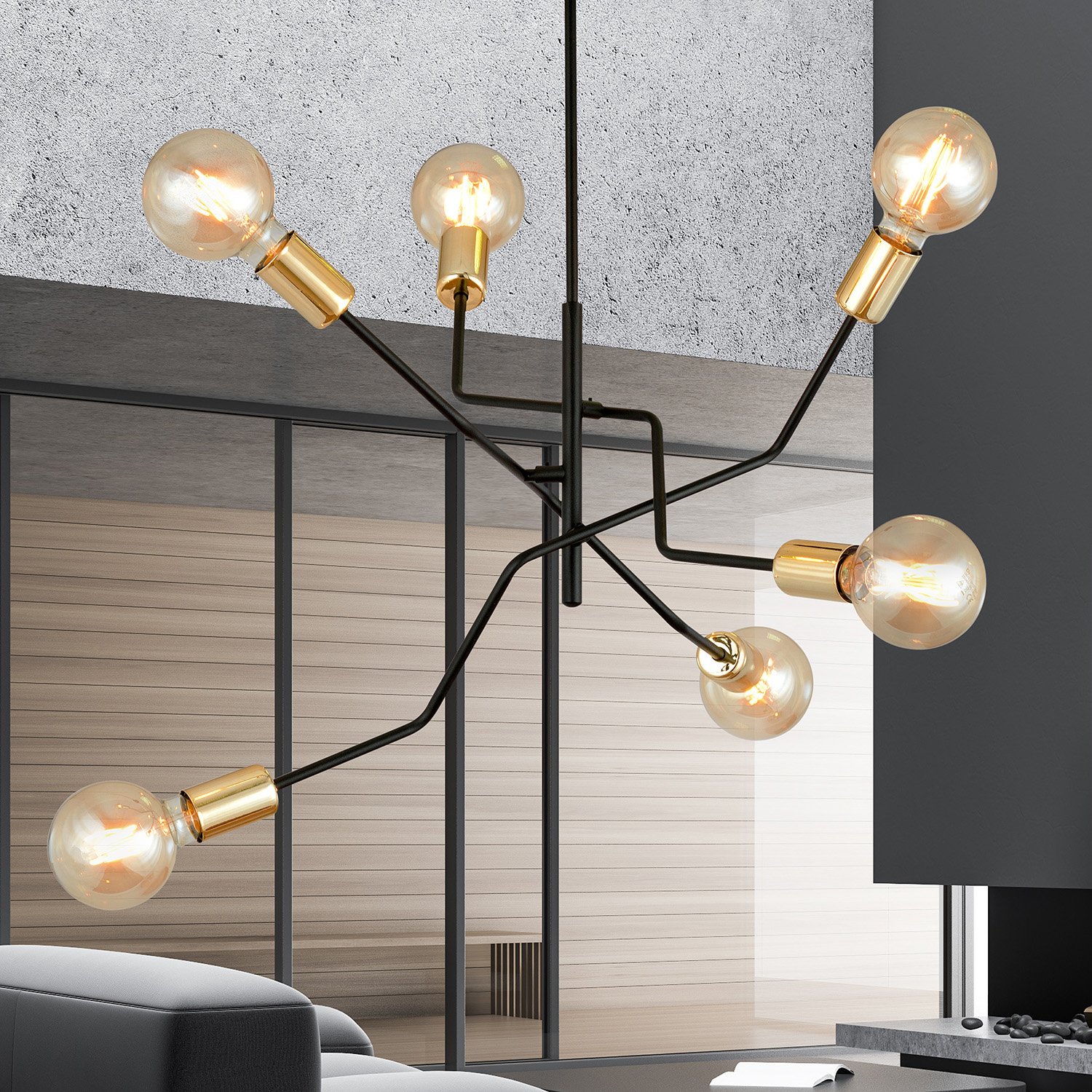 Sospensione Industrial 6 Luci Sugu Acciaio Nero E Oro Bracci Regolabili 1125/6