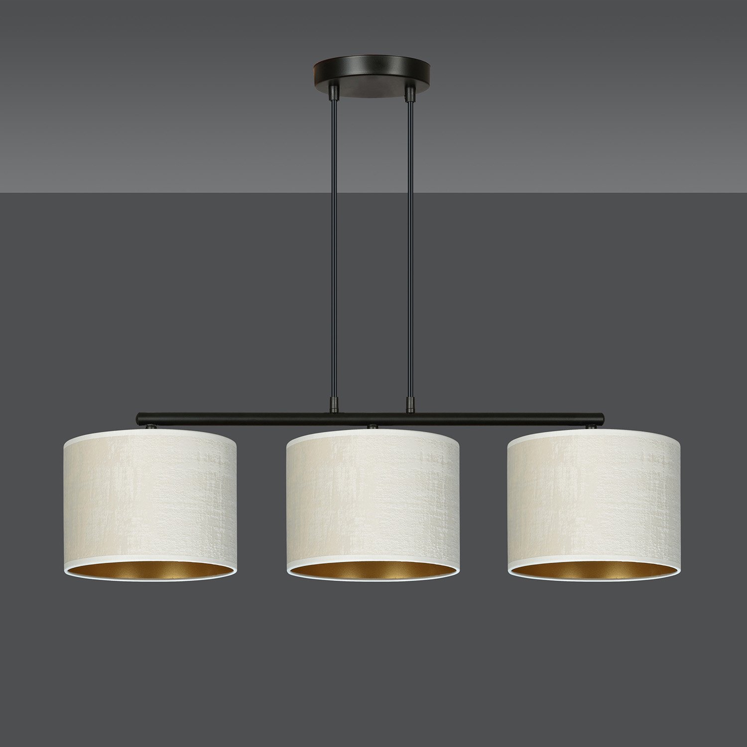 Lampadario 3 Luci Vinayaka In Acciaio Nero E Paralumi In Tessuto Beige 1052/3