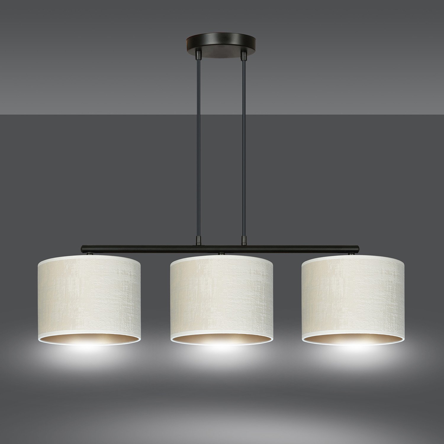 Lampadario 3 Luci Vinayaka In Acciaio Nero E Paralumi In Tessuto Beige 1052/3