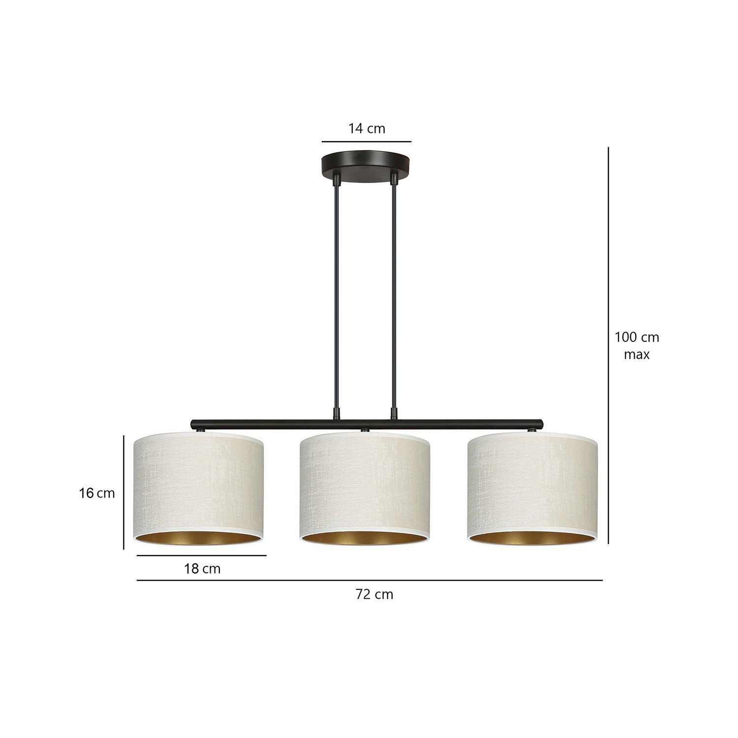 Lampadario 3 Luci Vinayaka In Acciaio Nero E Paralumi In Tessuto Beige 1052/3