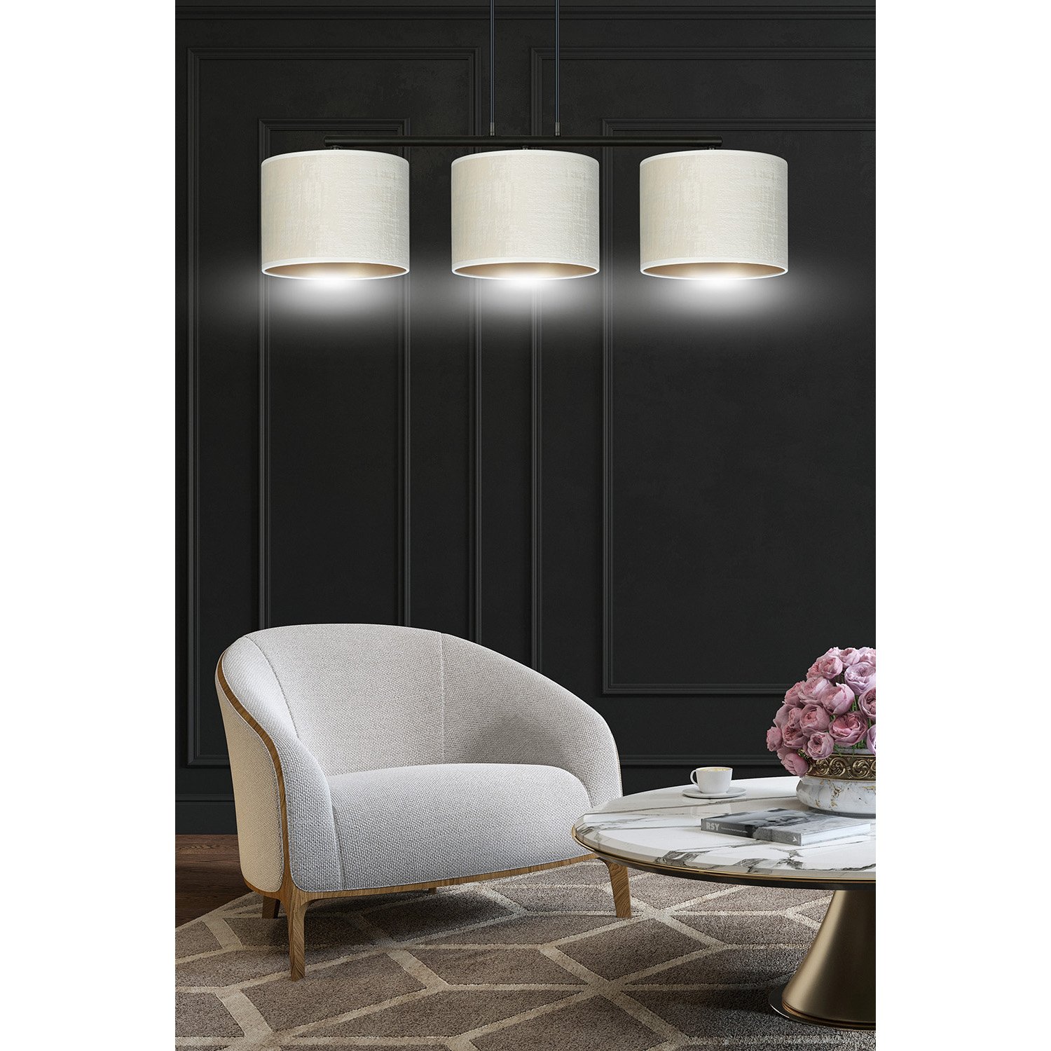 Lampadario 3 Luci Vinayaka In Acciaio Nero E Paralumi In Tessuto Beige 1052/3