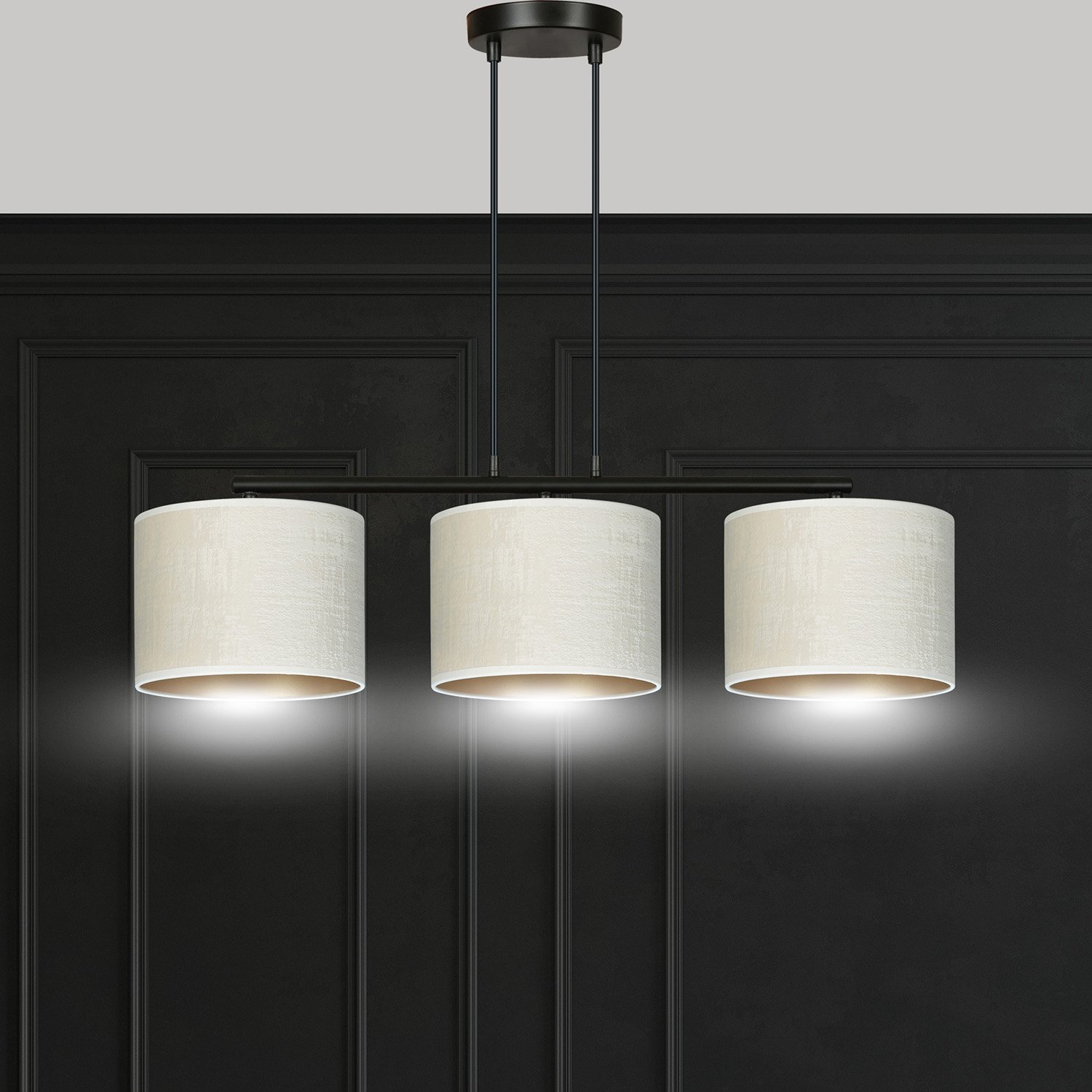 Lampadario 3 Luci Vinayaka In Acciaio Nero E Paralumi In Tessuto Beige 1052/3