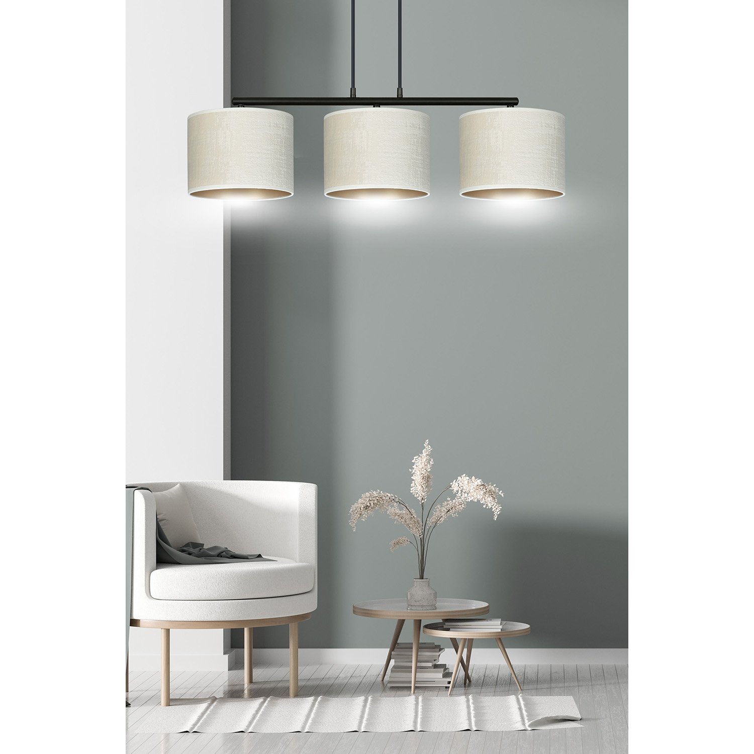Lampadario 3 Luci Vinayaka In Acciaio Nero E Paralumi In Tessuto Beige 1052/3