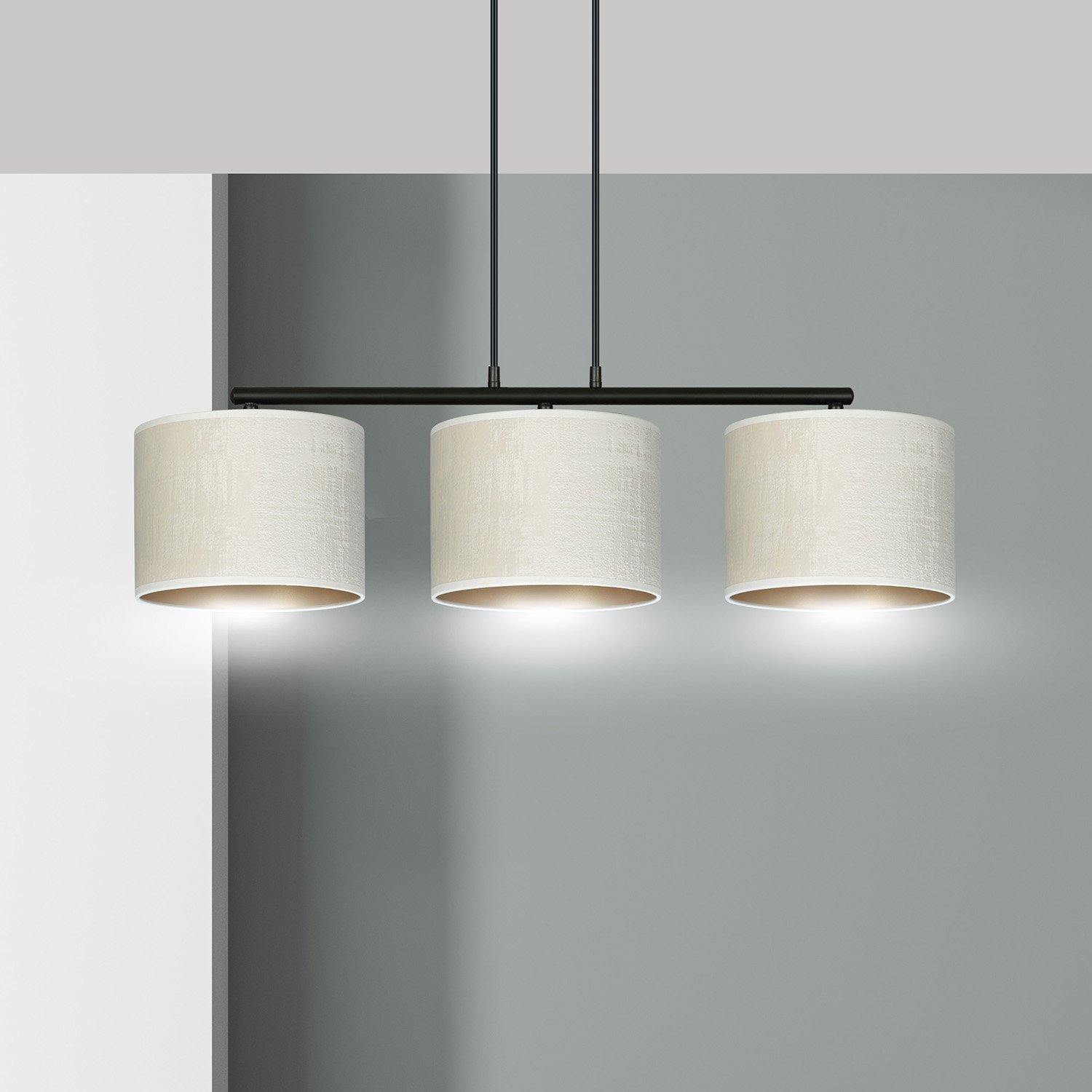 Lampadario 3 Luci Vinayaka In Acciaio Nero E Paralumi In Tessuto Beige 1052/3