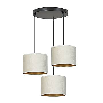 Lampadario Tondo 3 Luci Vinayaka Acciaio Nero E Paralumi In Tessuto Beige