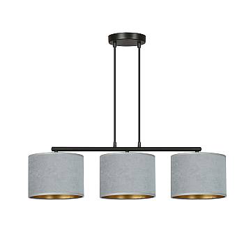 Lampadario 3 Luci Vinayaka In Acciaio Nero E Paralumi In Tessuto Grigio