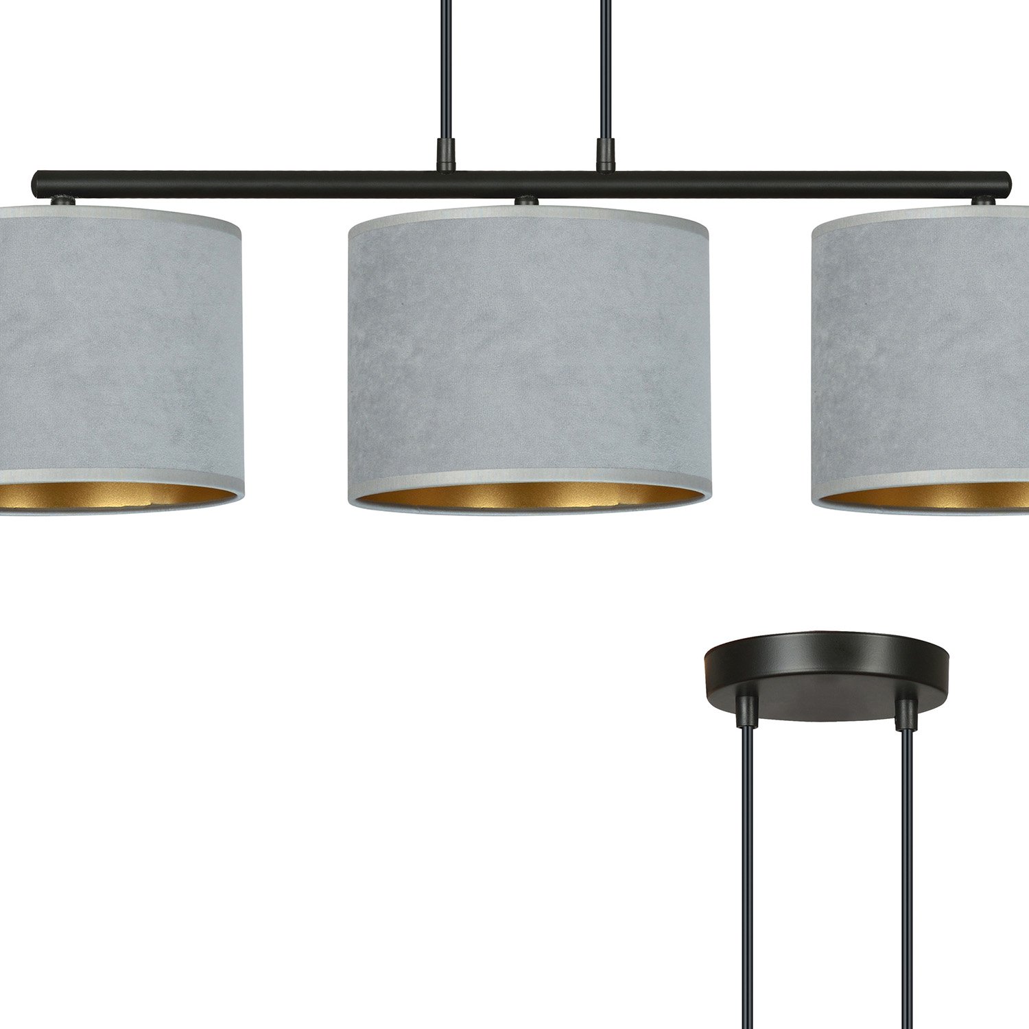 Lampadario 3 Luci Vinayaka In Acciaio Nero E Paralumi In Tessuto Grigio 1050/3