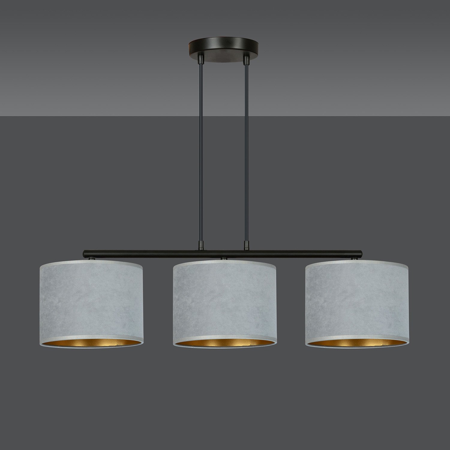 Lampadario 3 Luci Vinayaka In Acciaio Nero E Paralumi In Tessuto Grigio 1050/3