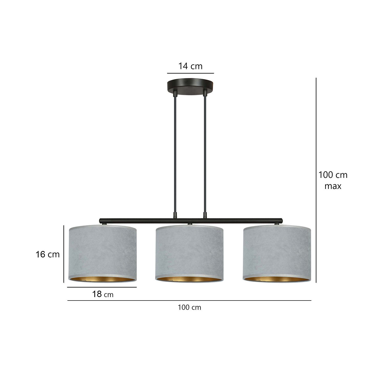 Lampadario 3 Luci Vinayaka In Acciaio Nero E Paralumi In Tessuto Grigio 1050/3
