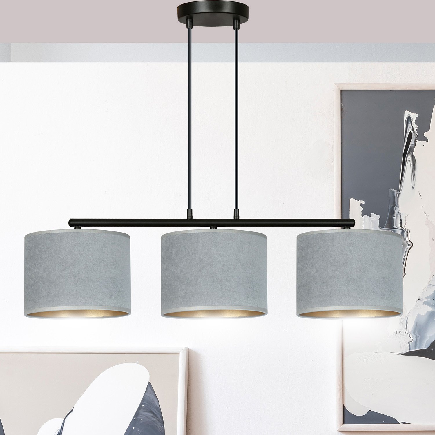 Lampadario 3 Luci Vinayaka In Acciaio Nero E Paralumi In Tessuto Grigio 1050/3