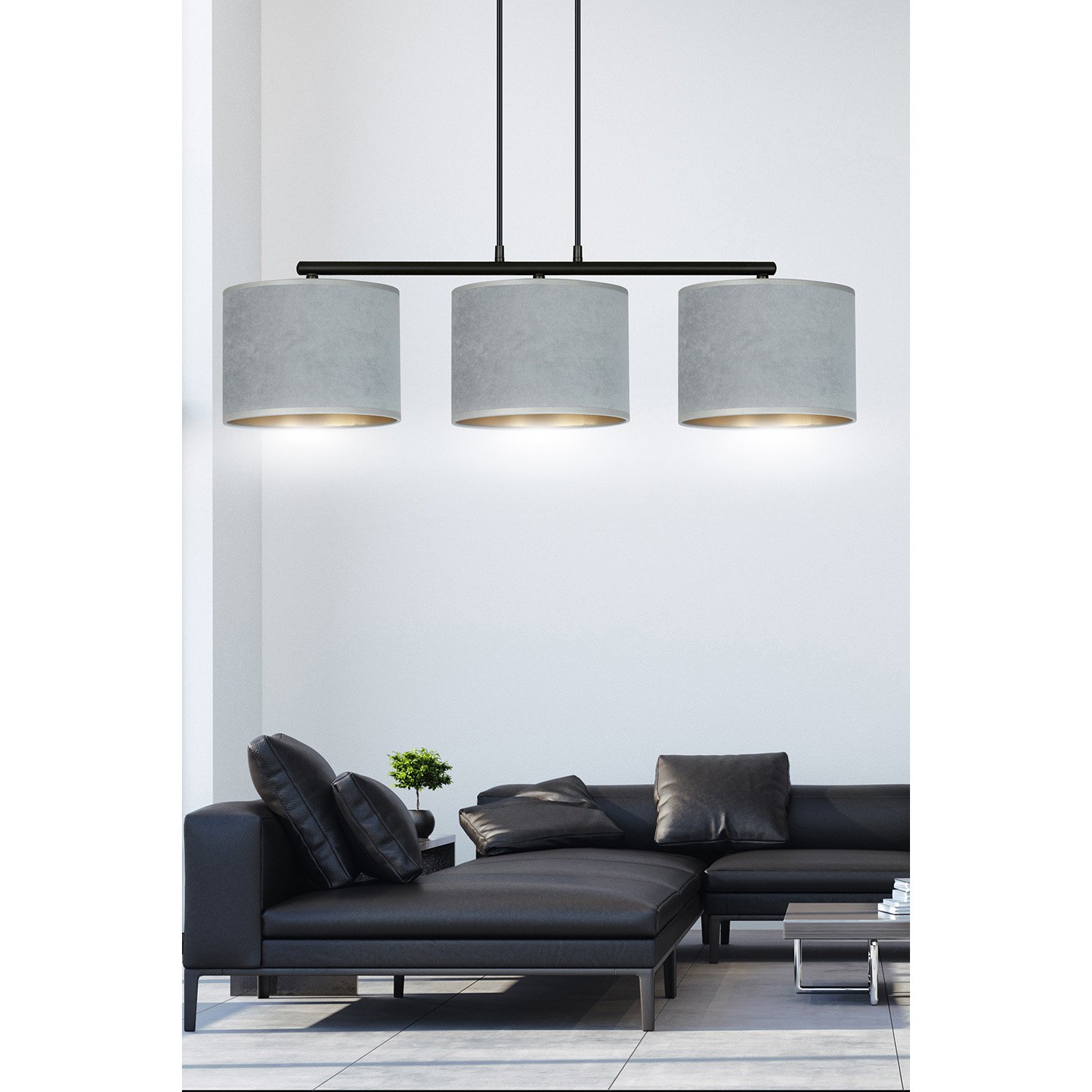 Lampadario 3 Luci Vinayaka In Acciaio Nero E Paralumi In Tessuto Grigio 1050/3