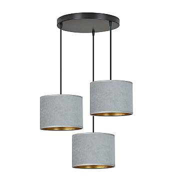 Lampadario Tondo 3 Luci Vinayaka Acciaio Nero E Paralumi In Tessuto Grigio
