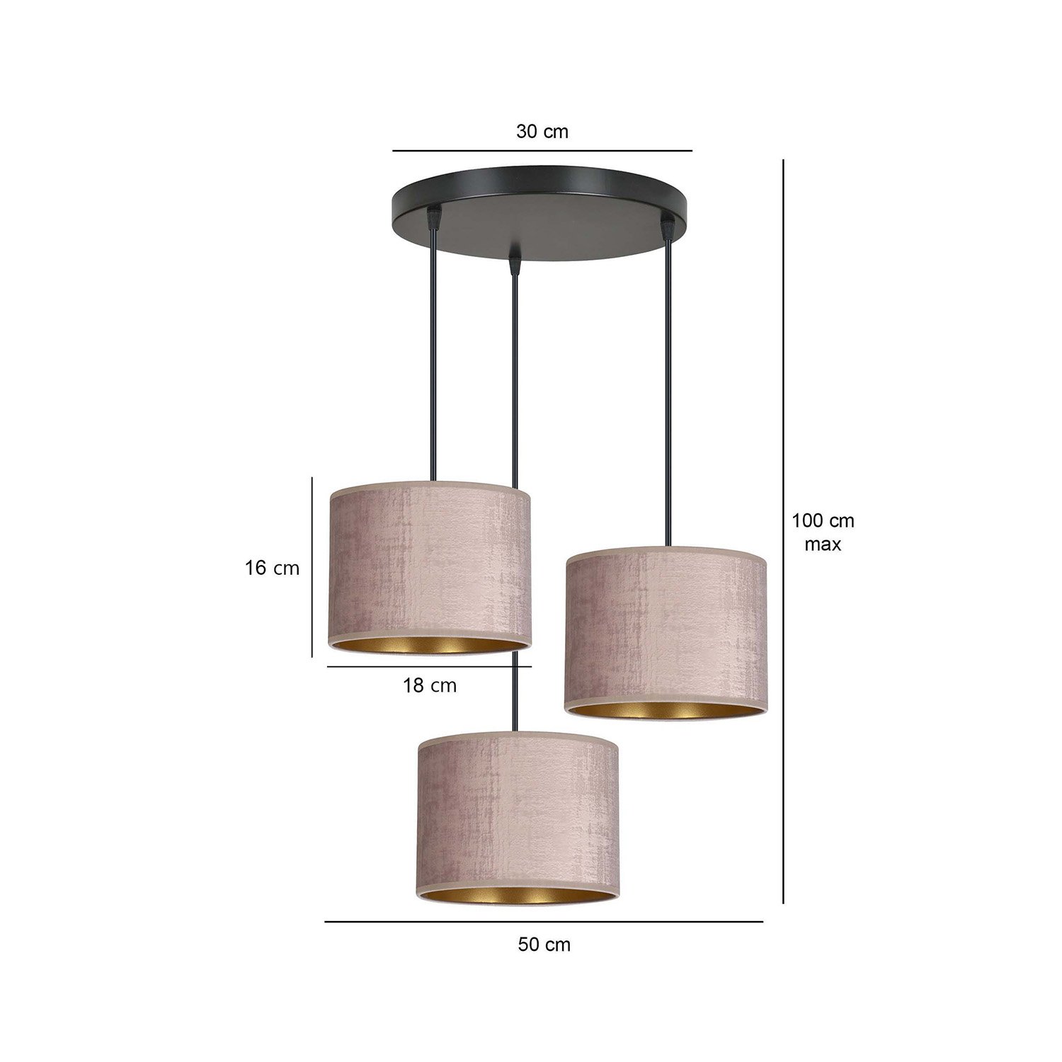 Lampadario Tondo 3 Luci Vinayaka Acciaio Nero E Paralumi In Tessuto Rosa 1053/3PREM