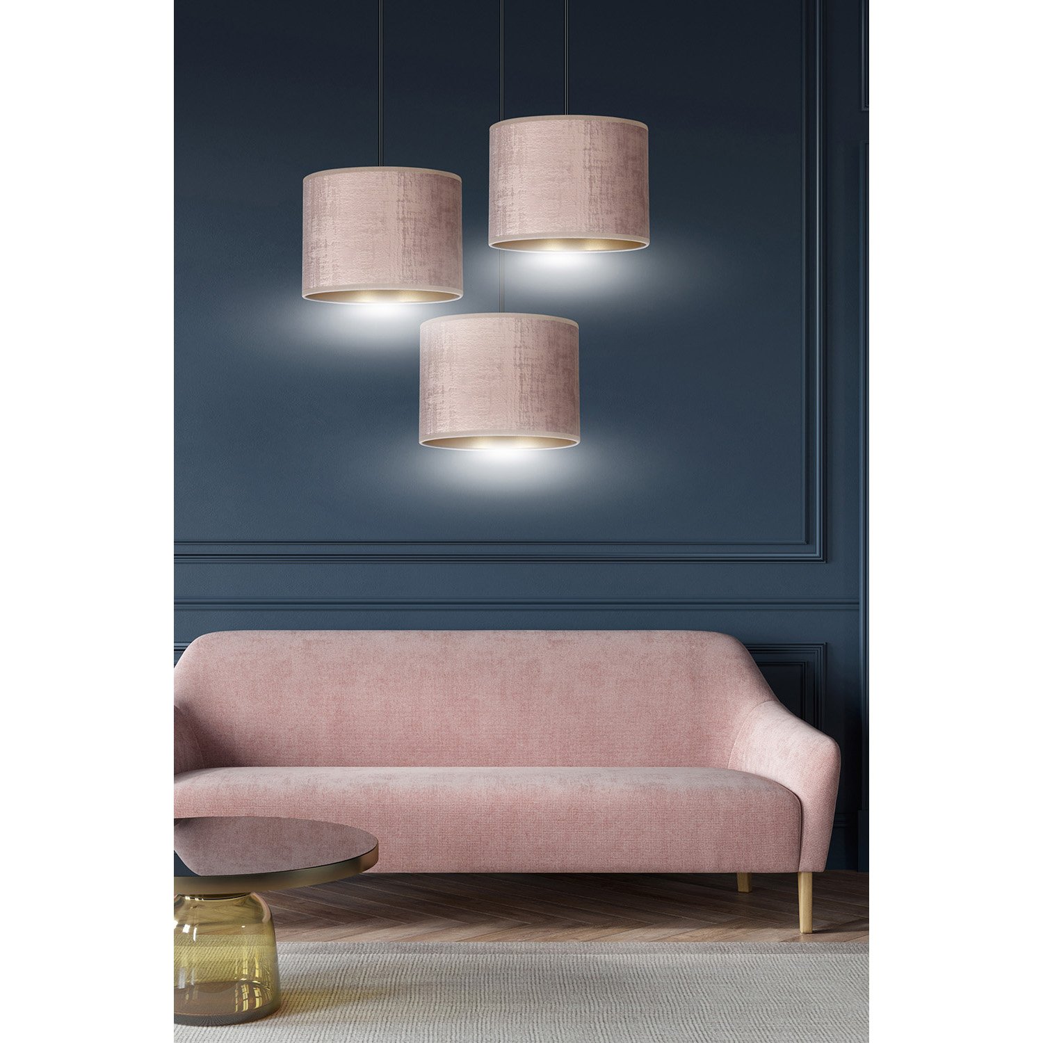 Lampadario Tondo 3 Luci Vinayaka Acciaio Nero E Paralumi In Tessuto Rosa 1053/3PREM