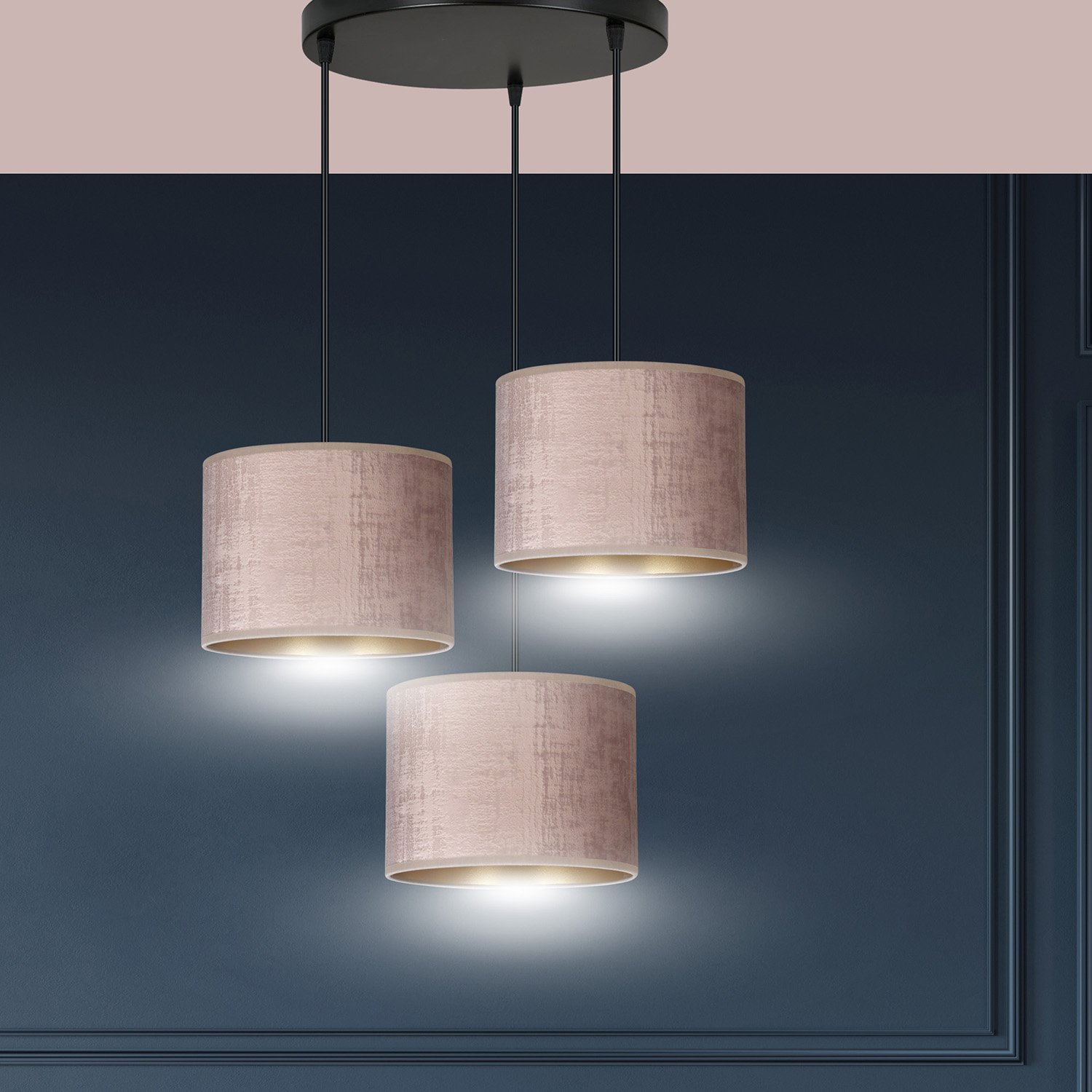 Lampadario Tondo 3 Luci Vinayaka Acciaio Nero E Paralumi In Tessuto Rosa 1053/3PREM