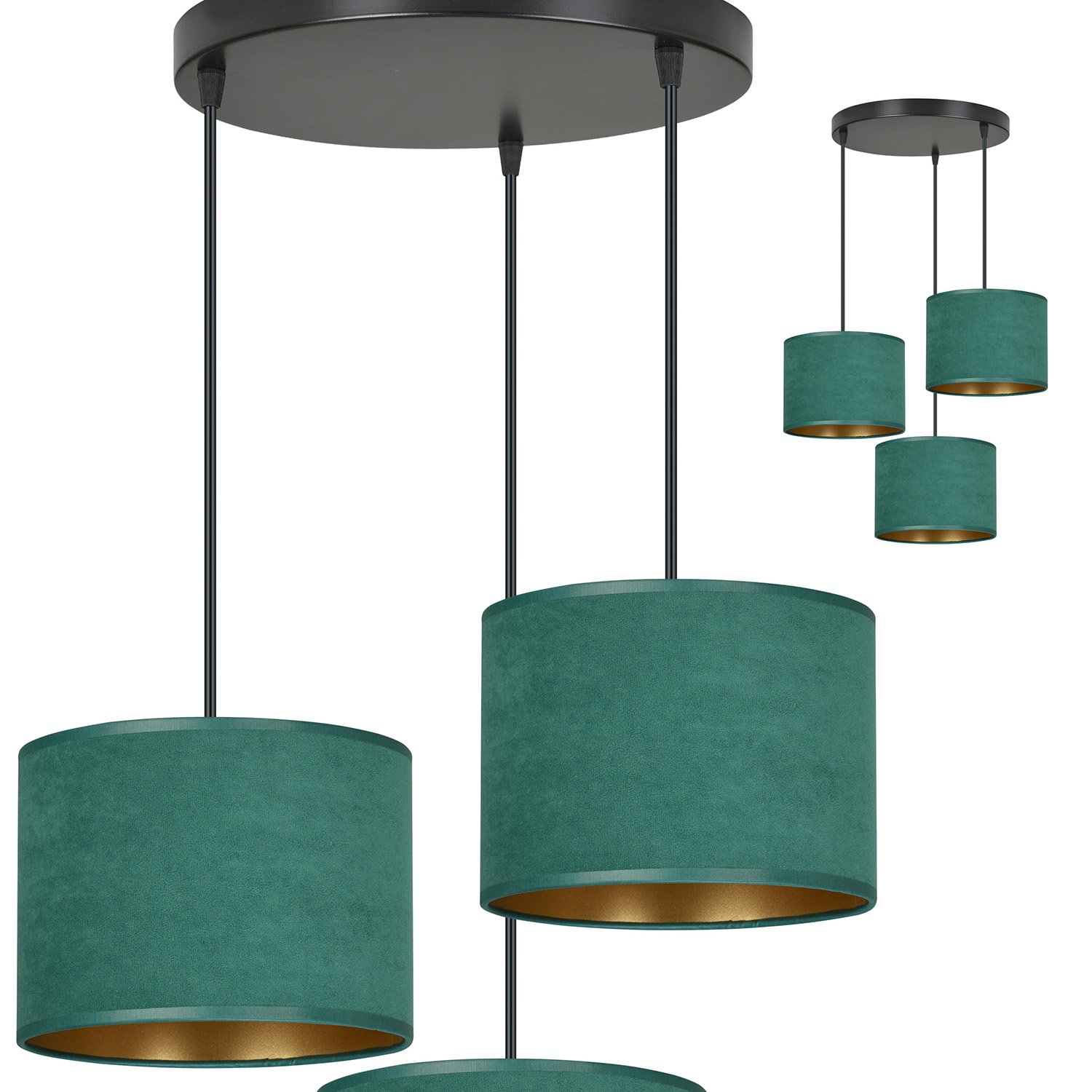 Lampadario Tondo 3 Luci Vinayaka Acciaio Nero E Paralumi In Tessuto Verde 1051/3PREM