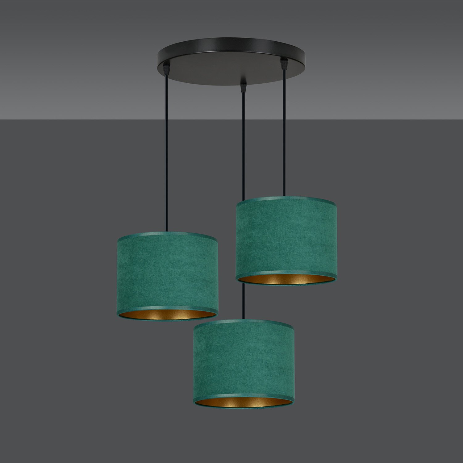 Lampadario Tondo 3 Luci Vinayaka Acciaio Nero E Paralumi In Tessuto Verde 1051/3PREM
