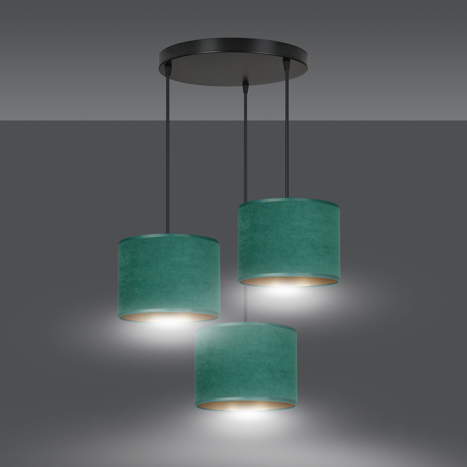 Lampadario Tondo 3 Luci Vinayaka Acciaio Nero E Paralumi In Tessuto Verde 1051/3PREM
