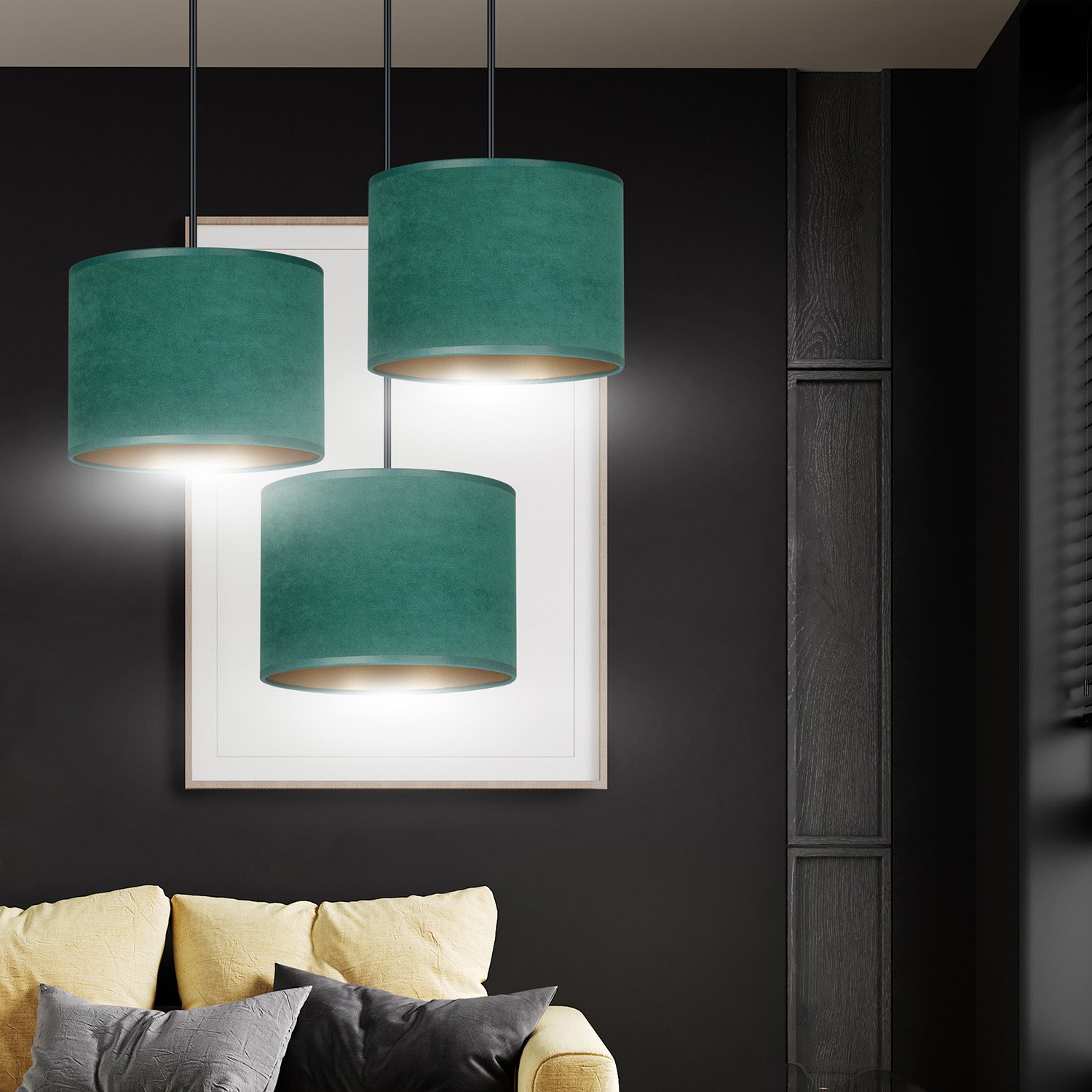 Lampadario Tondo 3 Luci Vinayaka Acciaio Nero E Paralumi In Tessuto Verde 1051/3PREM