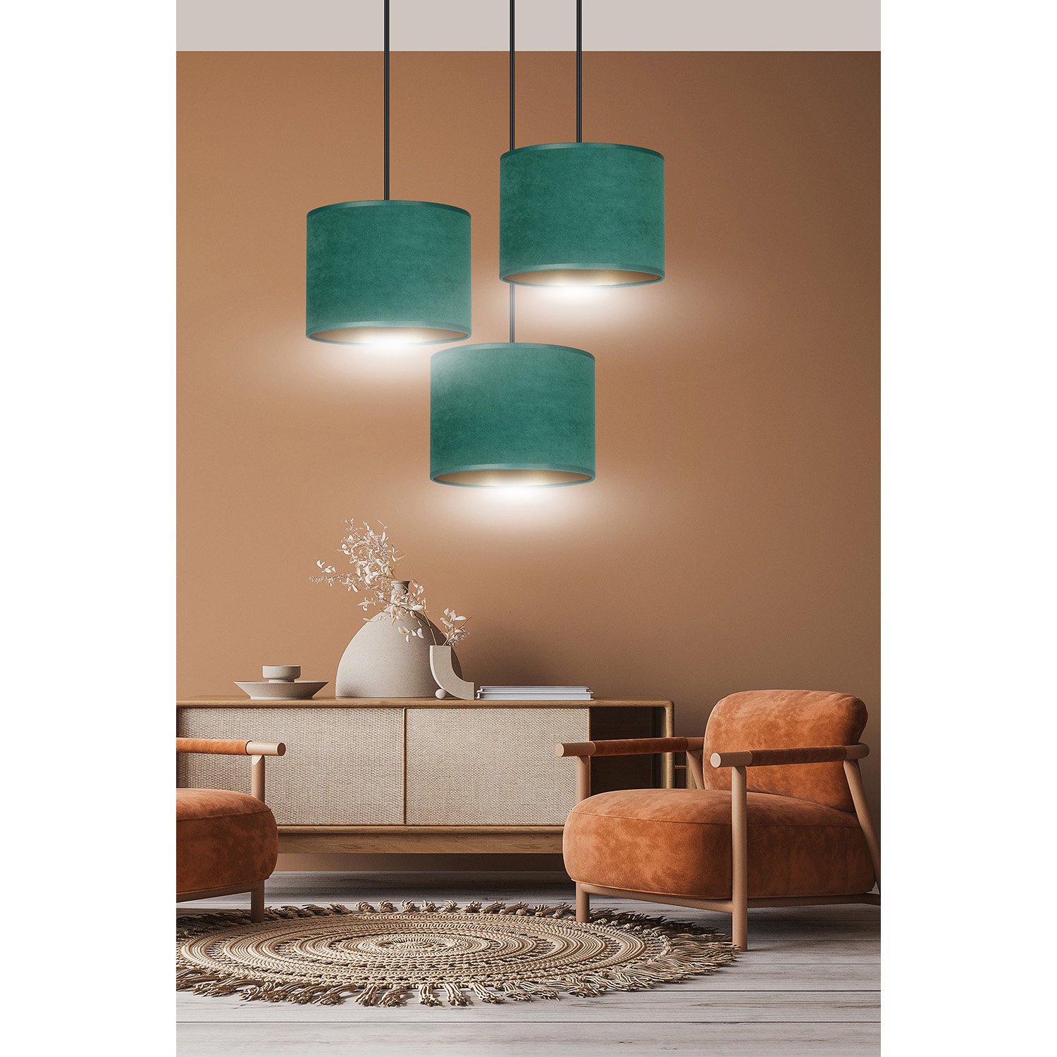 Lampadario Tondo 3 Luci Vinayaka Acciaio Nero E Paralumi In Tessuto Verde 1051/3PREM