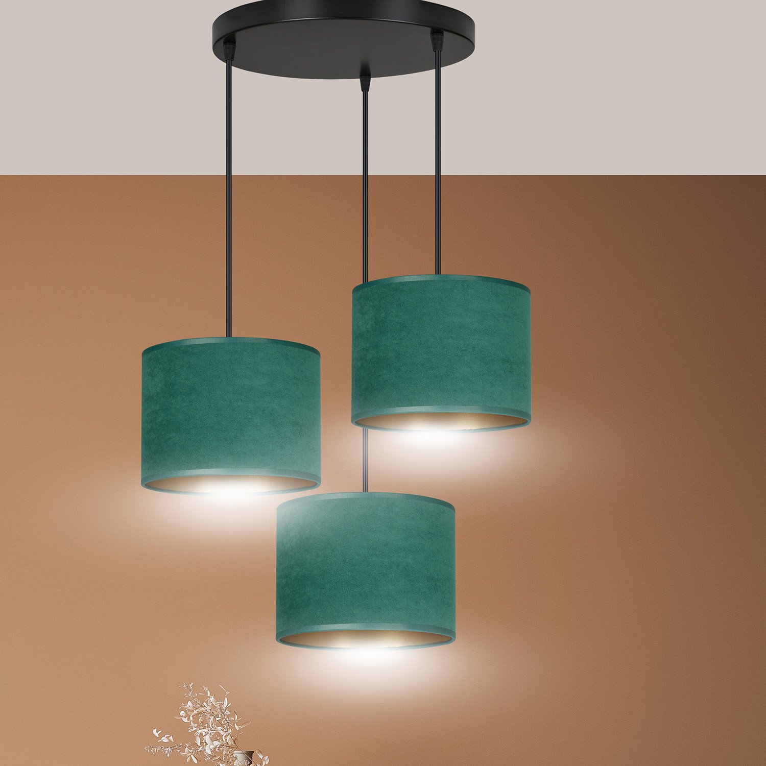 Lampadario Tondo 3 Luci Vinayaka Acciaio Nero E Paralumi In Tessuto Verde 1051/3PREM