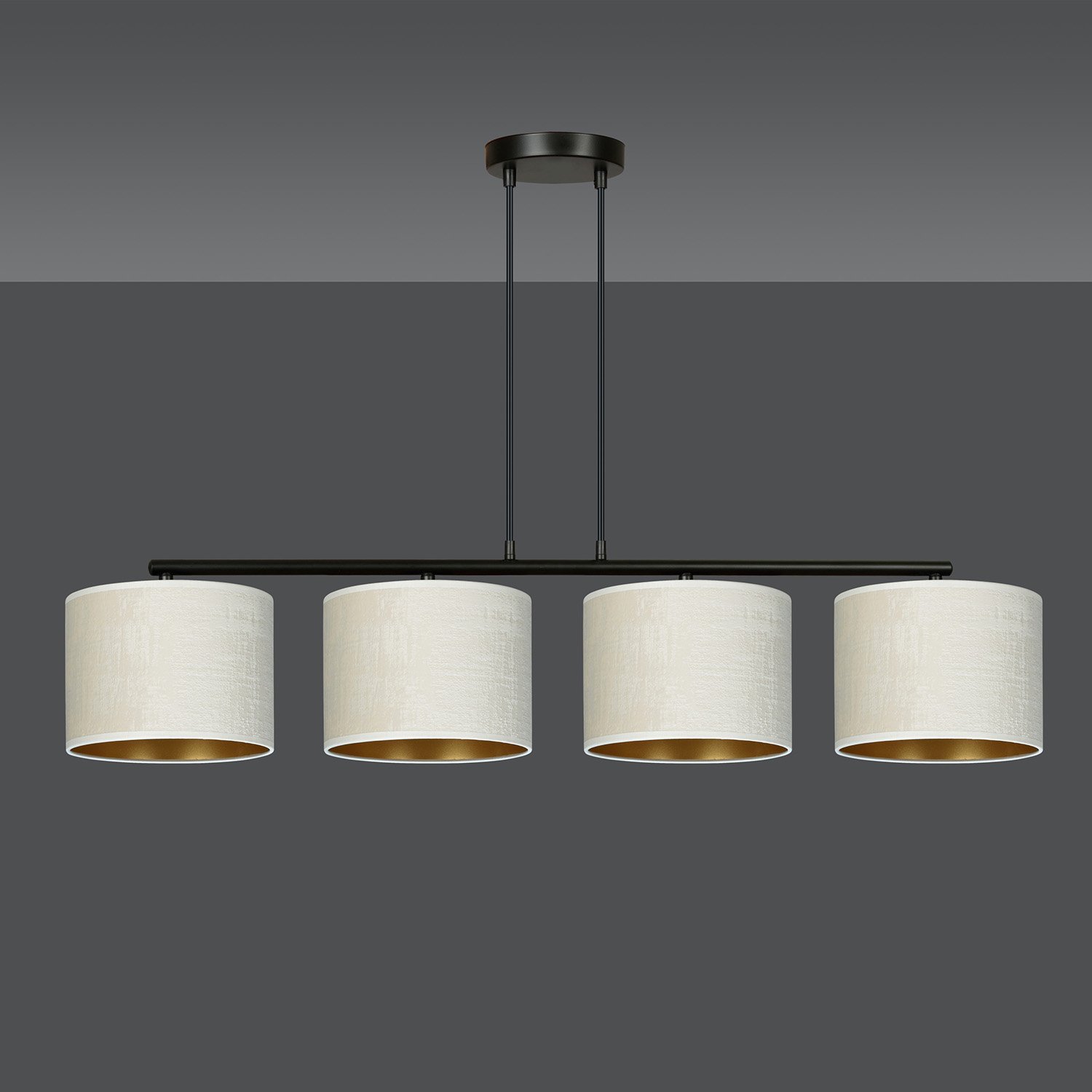 Lampadario 4 Luci Vinayaka In Acciaio Nero E Paralumi In Tessuto Beige 1052/4