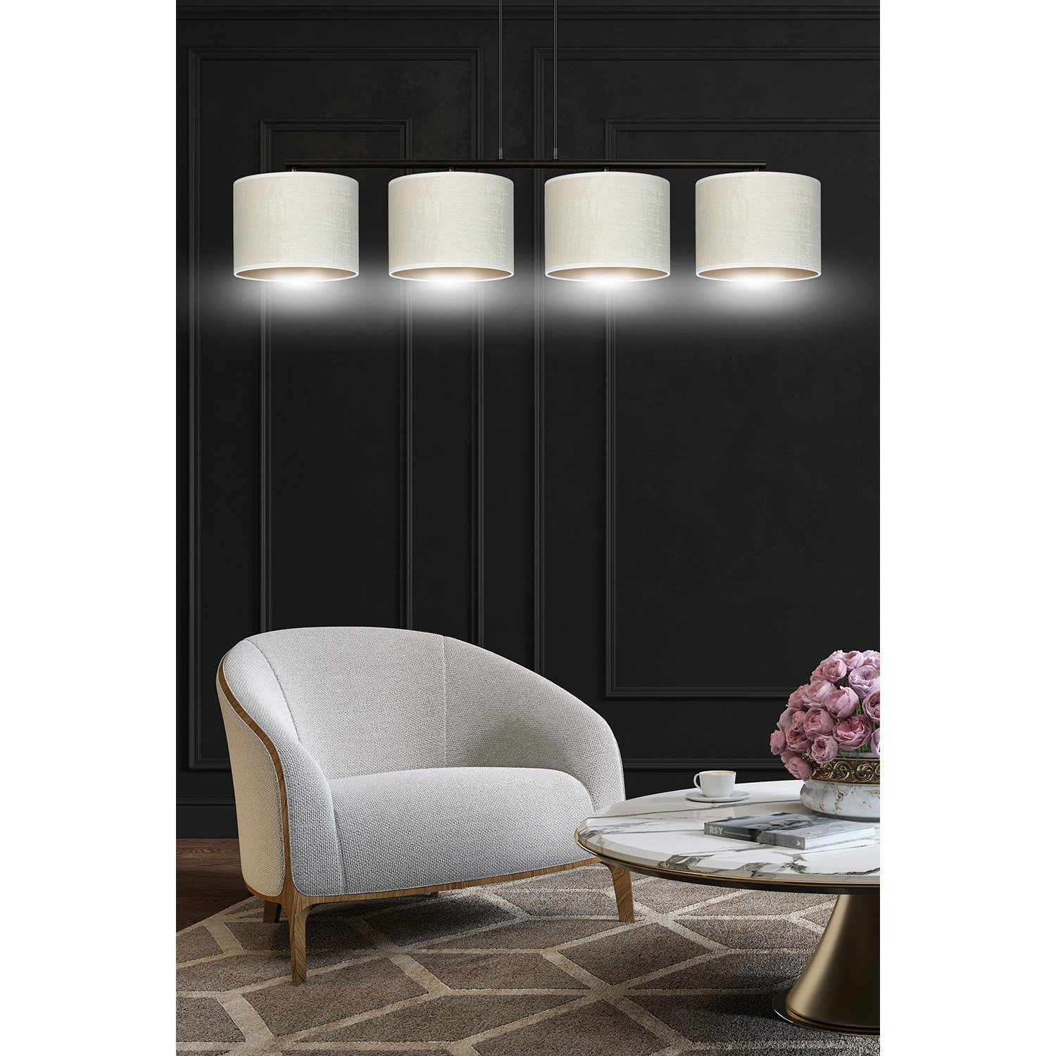 Lampadario 4 Luci Vinayaka In Acciaio Nero E Paralumi In Tessuto Beige 1052/4