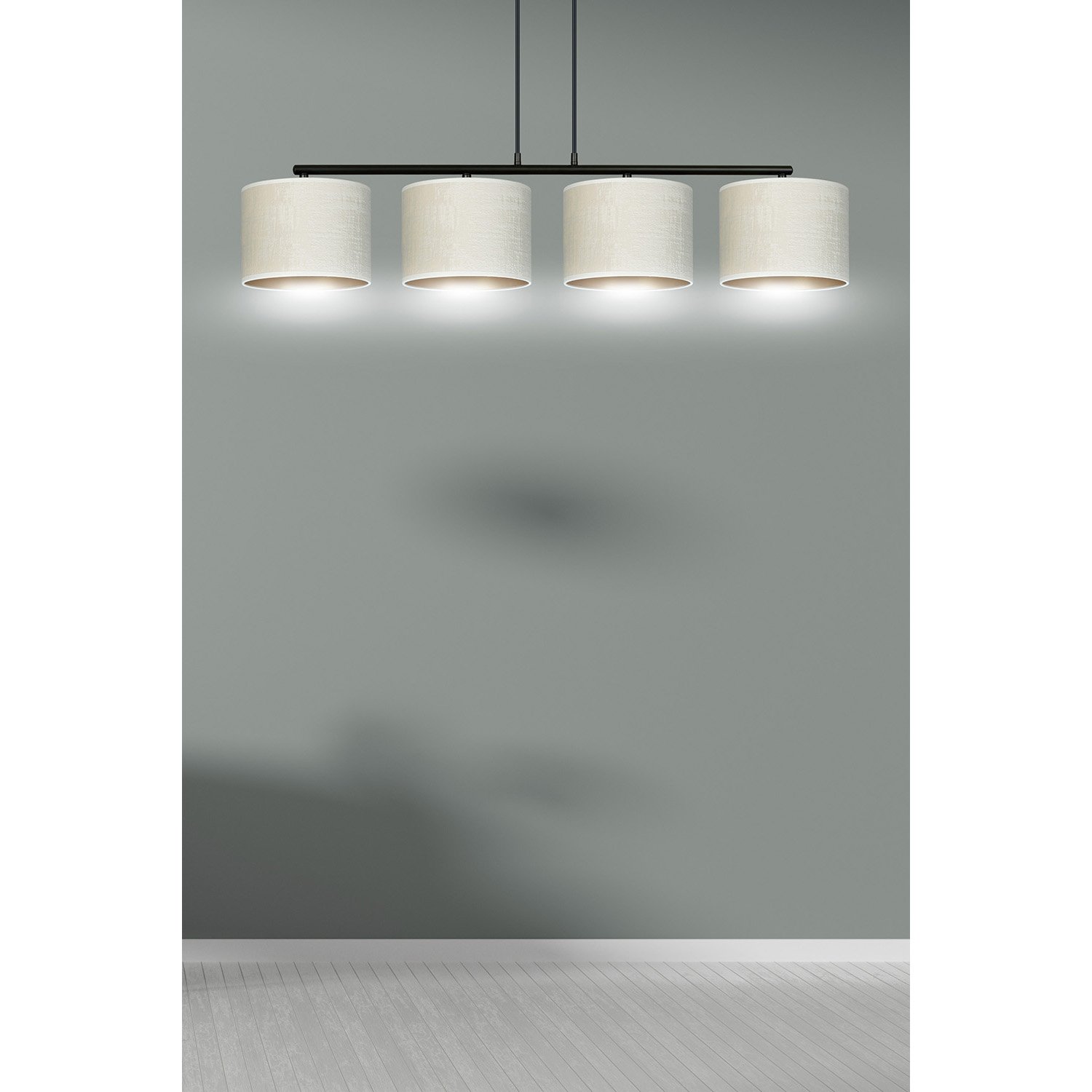 Lampadario 4 Luci Vinayaka In Acciaio Nero E Paralumi In Tessuto Beige 1052/4