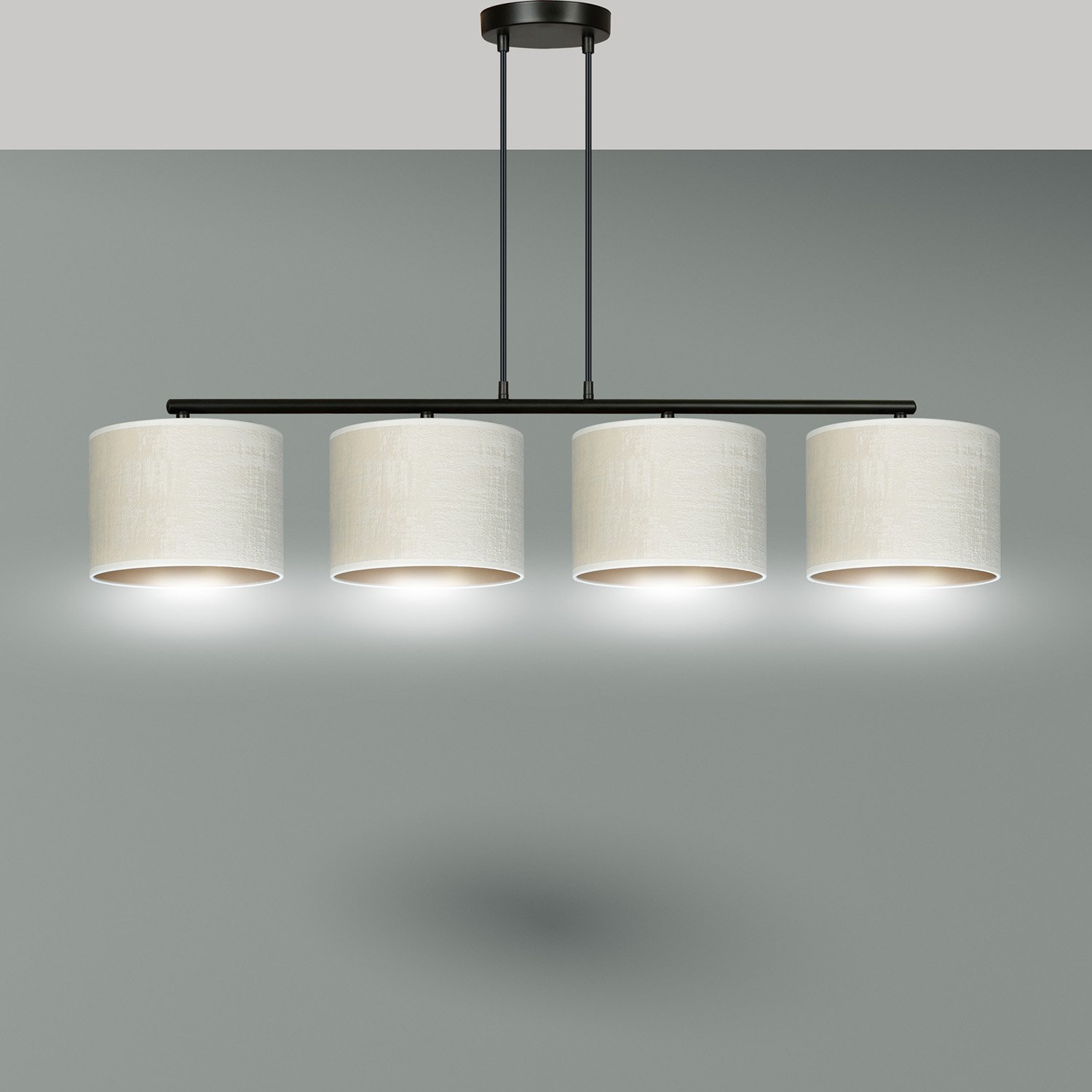 Lampadario 4 Luci Vinayaka In Acciaio Nero E Paralumi In Tessuto Beige 1052/4