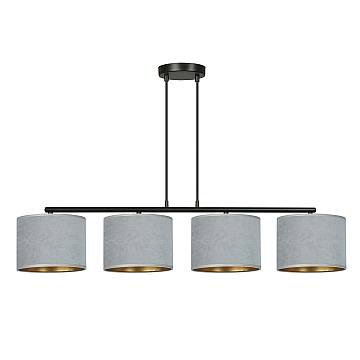 Lampadario 4 Luci Vinayaka In Acciaio Nero E Paralumi In Tessuto Grigio