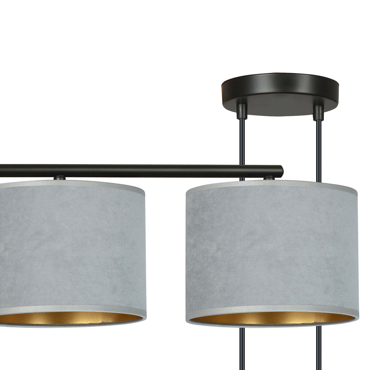 Lampadario 4 Luci Vinayaka In Acciaio Nero E Paralumi In Tessuto Grigio 1050/4