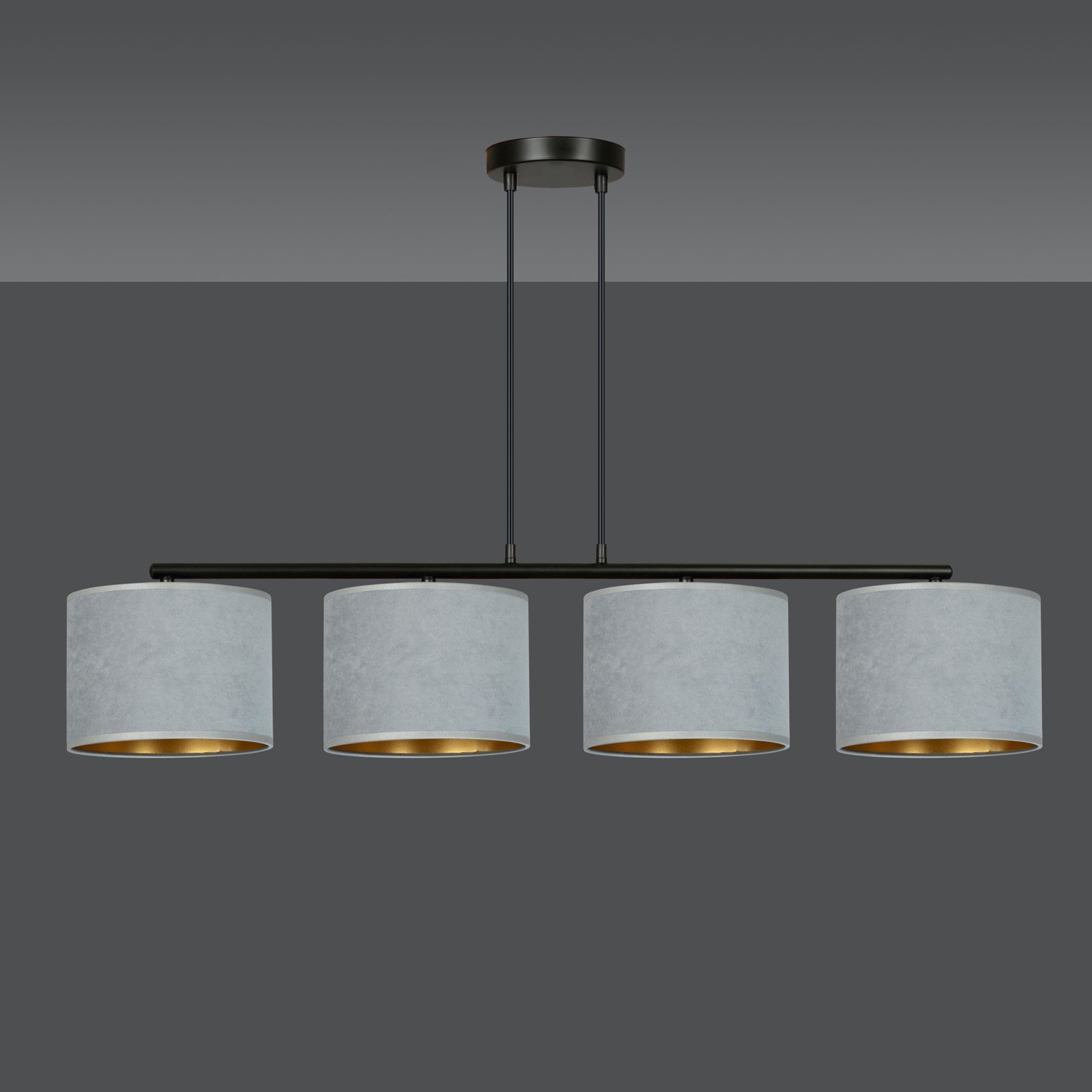 Lampadario 4 Luci Vinayaka In Acciaio Nero E Paralumi In Tessuto Grigio 1050/4