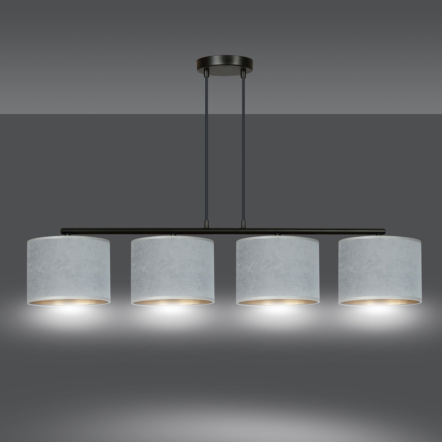 Lampadario 4 Luci Vinayaka In Acciaio Nero E Paralumi In Tessuto Grigio 1050/4