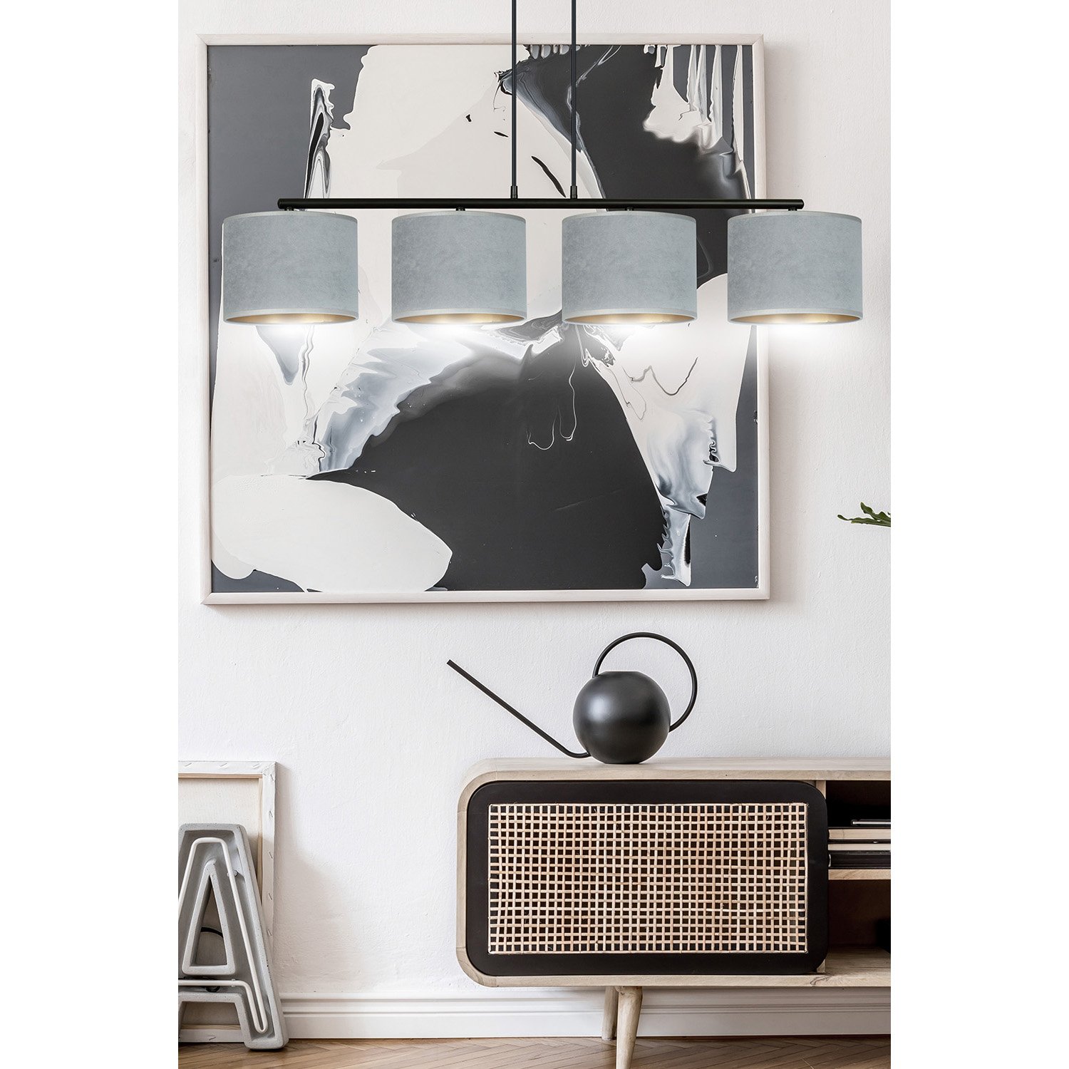 Lampadario 4 Luci Vinayaka In Acciaio Nero E Paralumi In Tessuto Grigio 1050/4