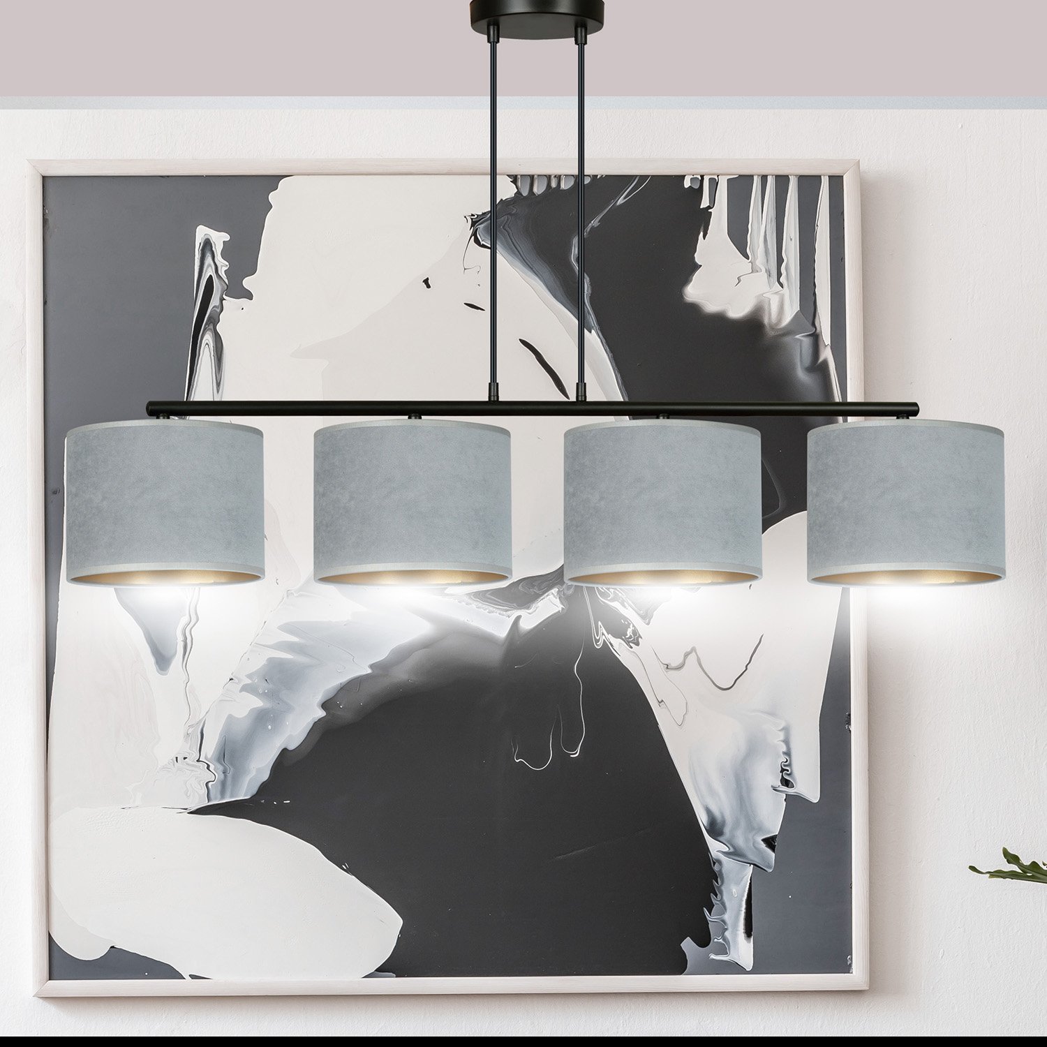 Lampadario 4 Luci Vinayaka In Acciaio Nero E Paralumi In Tessuto Grigio 1050/4
