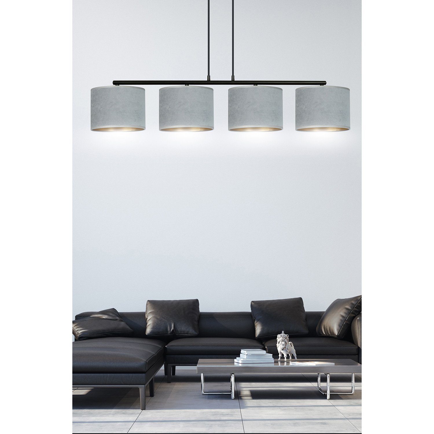 Lampadario 4 Luci Vinayaka In Acciaio Nero E Paralumi In Tessuto Grigio 1050/4