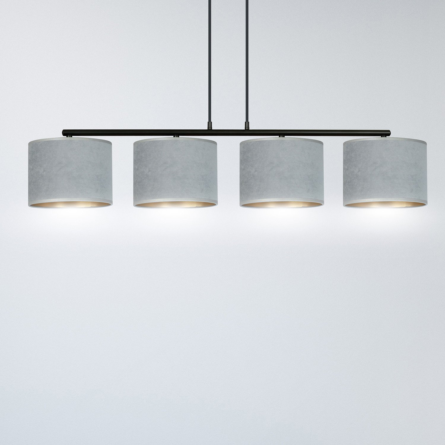 Lampadario 4 Luci Vinayaka In Acciaio Nero E Paralumi In Tessuto Grigio 1050/4