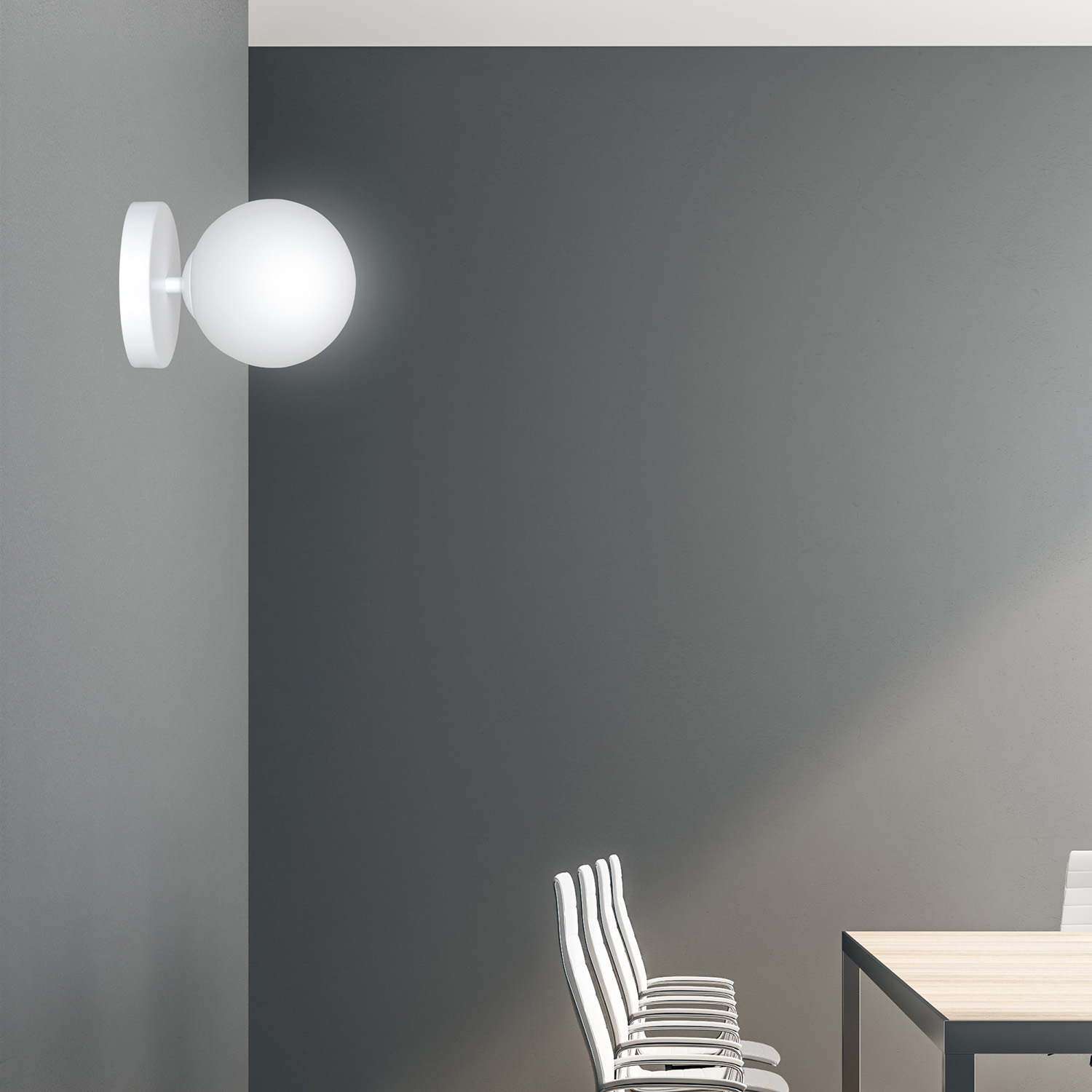 Applique 1 Luce Ramachandra Acciaio Bianco A Bracci E Sfera In Vetro Opalino 1031/K1