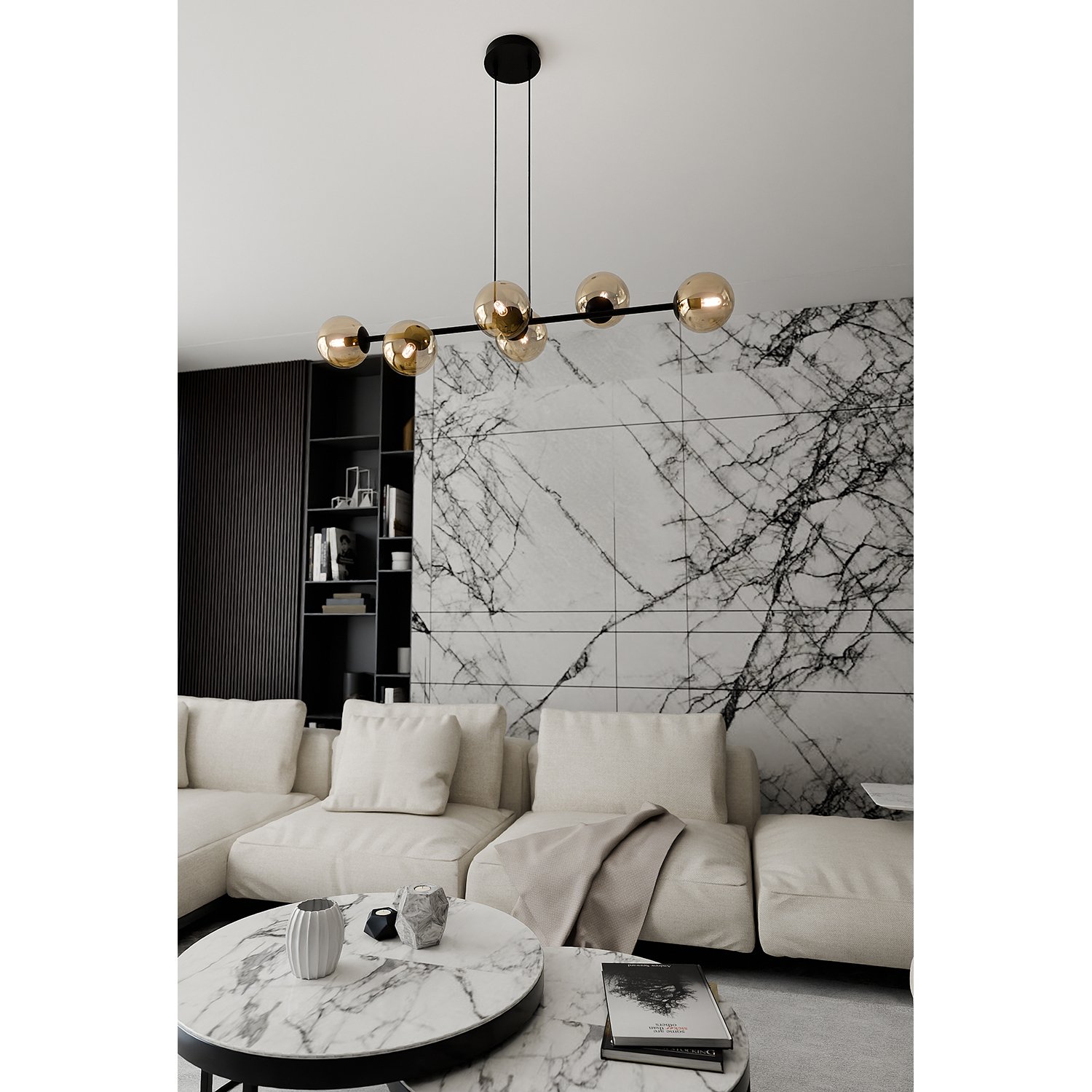 Lampadario Contemporaneo 6 Luci Su Acciaio Nero E Sfere In Vetro Ambra 876/6