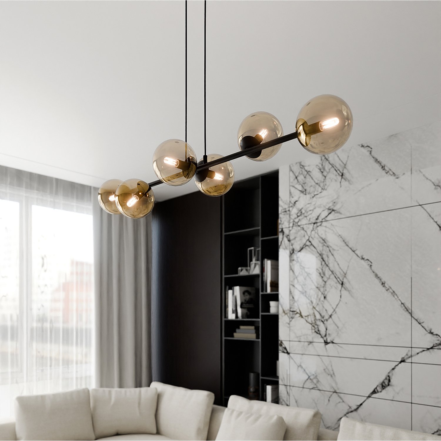 Lampadario Contemporaneo 6 Luci Su Acciaio Nero E Sfere In Vetro Ambra 876/6